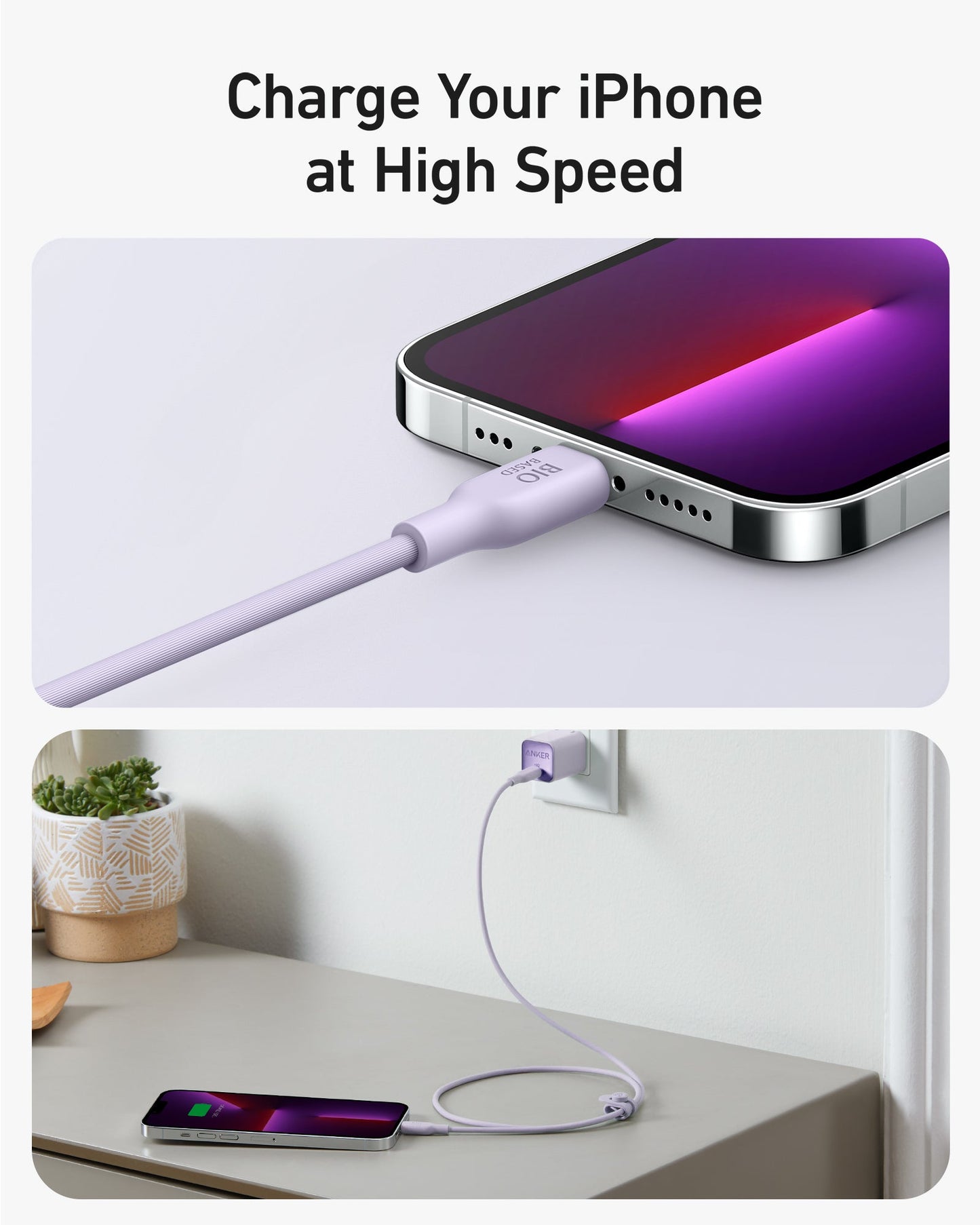 A close-up of the Anker 541 USB-C to Lightning Cable (Bio-Based) in purple charging an iPhone on a white countertop, with "Charge Your iPhone at High Speed" text. Decorative plants appear in the background. Brand: Anker.