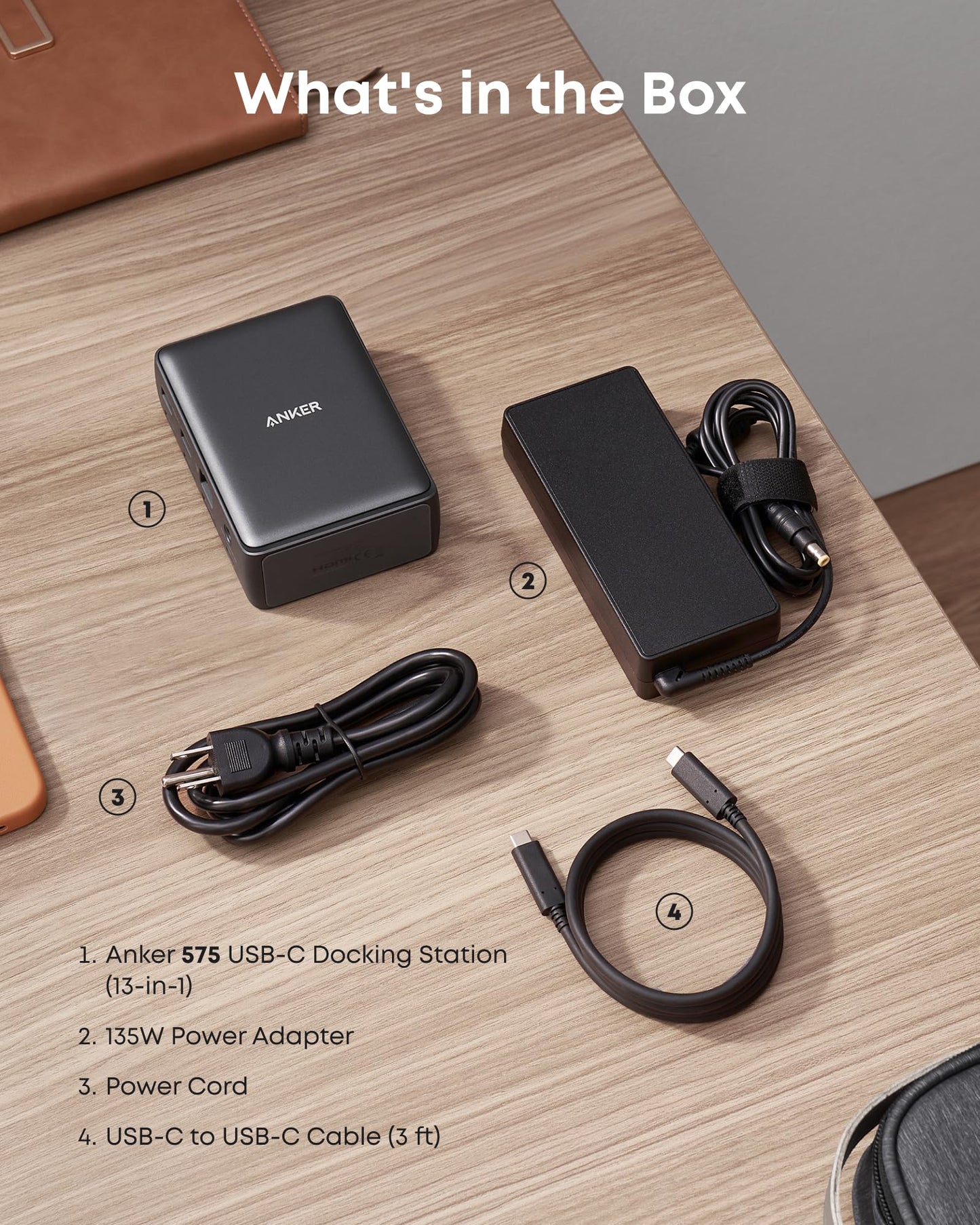 A photo shows the contents of an Anker 575 USB-C Docking Station (13-in-1) box on a wooden desk: docking station, 135W power adapter with Velcro strap, power cord, and 3-ft USB-C to USB-C cable. Each item is labeled by number and name.