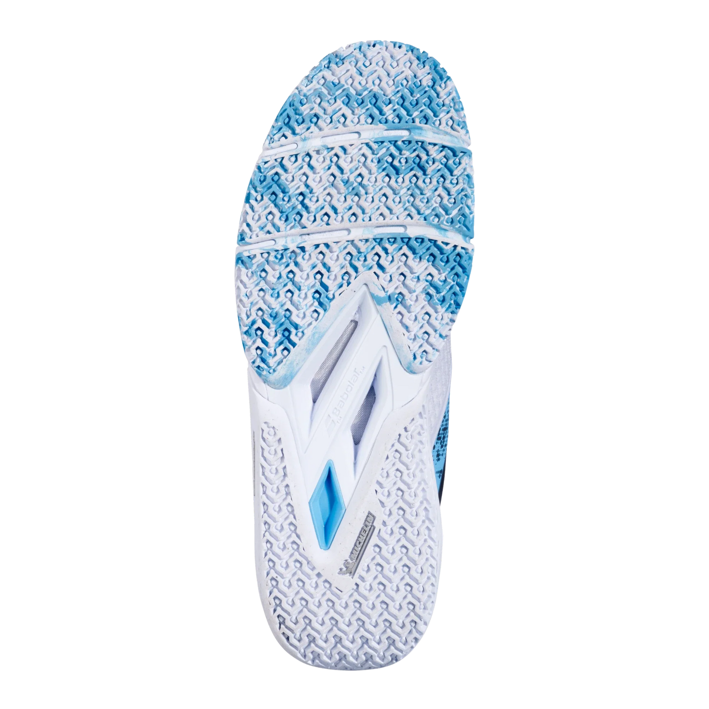 Close-up of the Babolat Jet Movea 2 Padel Men's Shoes 2025 sole by Padel USA, showing a wavy white tread with blue accents. The geometric pattern enhances grip and traction, and subtle branding stands out against the clean background.