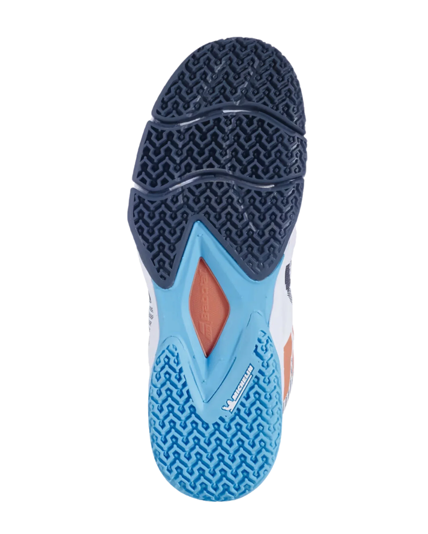 Close-up of the Babolat Sensa White/Canyon Sunset Women Padel Shoes by Padel USA shows a sole with dark blue, light blue, and orange zigzag and herringbone patterns for stability, textured tread, and a visible logo near the heel on a white background.
