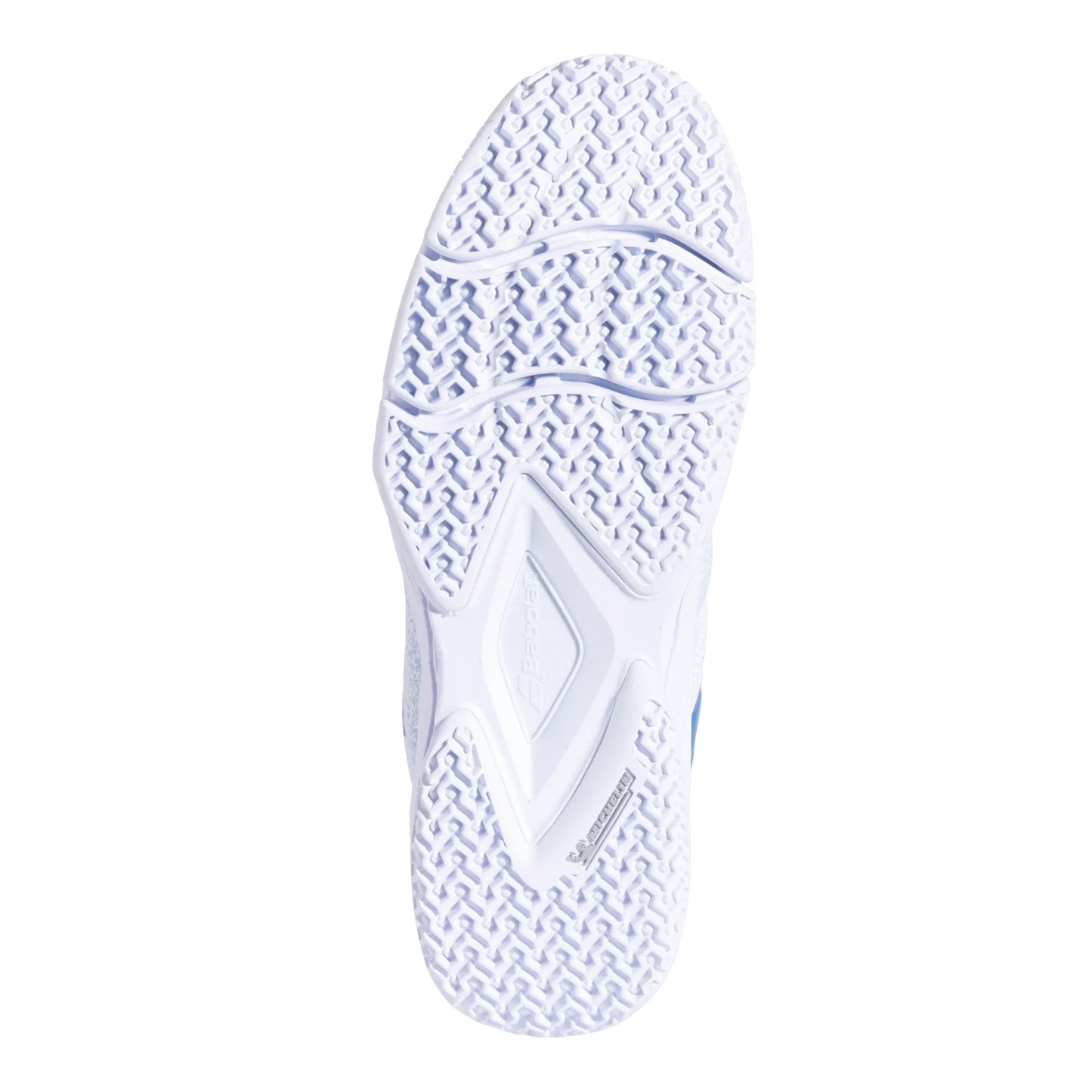 Close-up of the white Michelin rubber sole on the Babolat Sensa White/Cool Blue Women Padel Shoes by Padel USA, featuring herringbone and wavy tread for traction, with textured grooves and branding against a plain background.