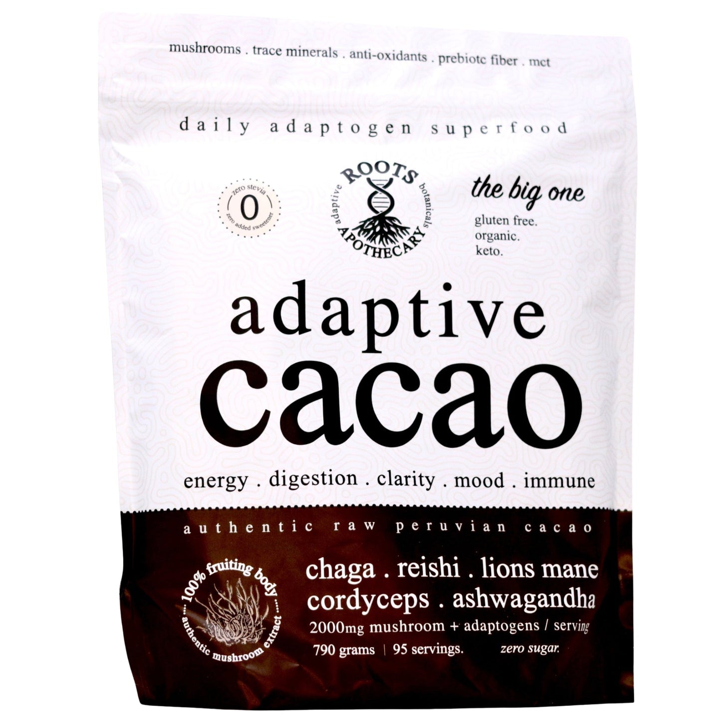 Roots Apothecary adaptive cacao performance superfood is a cacao blend with adaptogenic mushrooms like chaga, ashwagandha, reishi, lion’s mane, and cordyceps to support energy, mood, immunity, and digestion.
