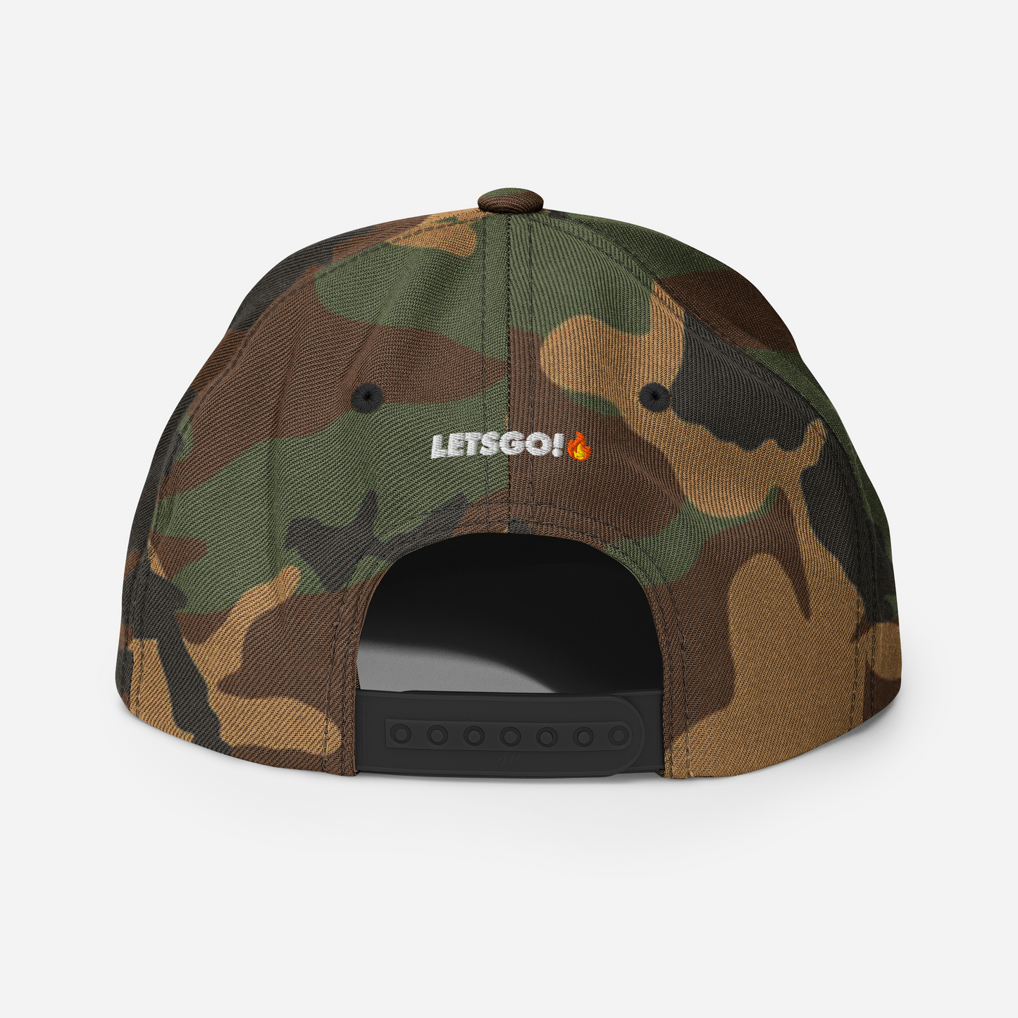 The CROWN PICKLEBALL - Corona Snap-back Hat (Camo) by Crown Pickleball features a camo pattern, black adjustable snap closure, and “LETSGO!” with a flame emoji embroidered in white above the back closure. Set against a plain white background.