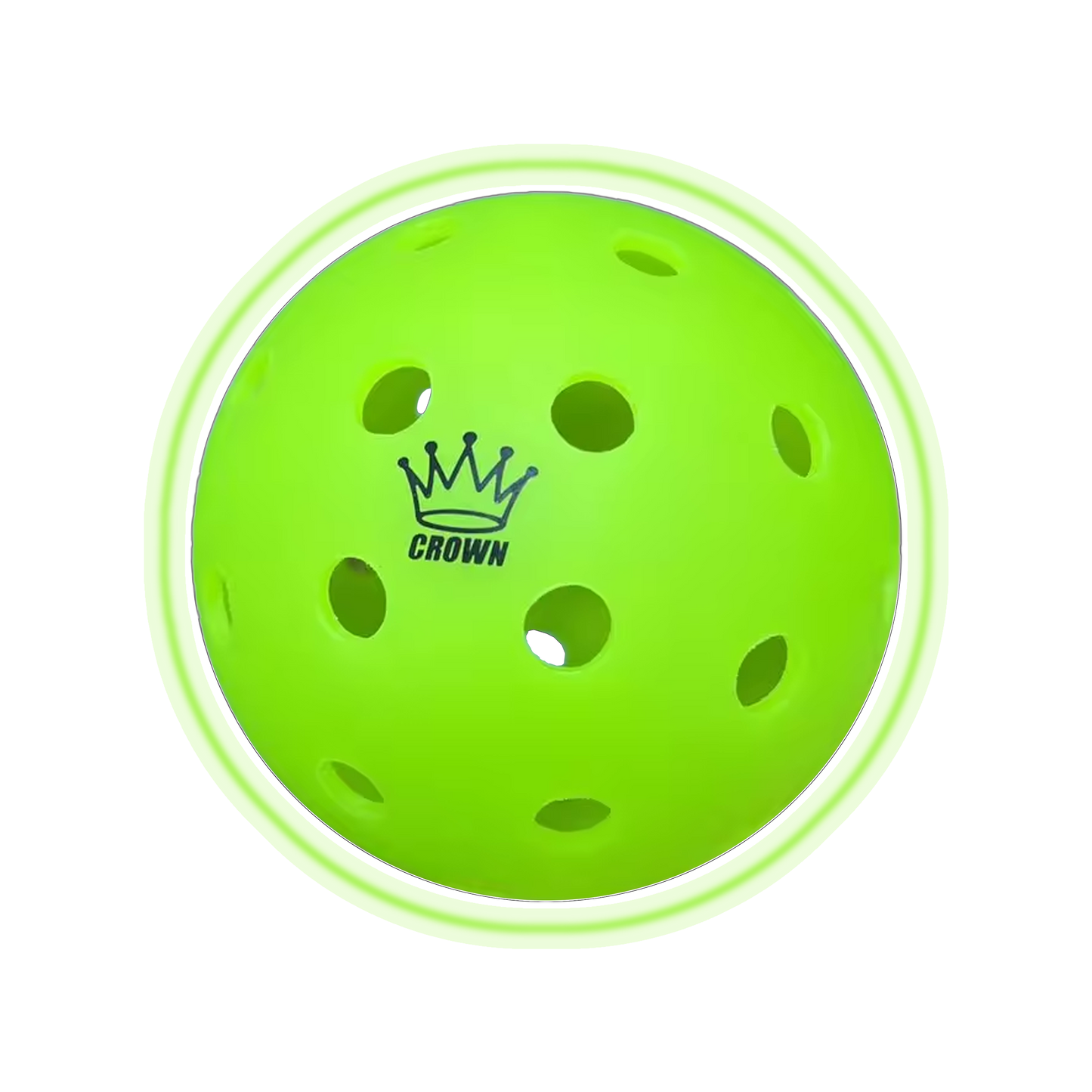 The CROWN PICKLEBALL - PRIME TIME 40 Pickleballs (3-PACK) by Crown Pickleball features bright green tour-style balls with evenly spaced round holes and a black crown logo outlined by a soft white glow, designed for consistent bounce.