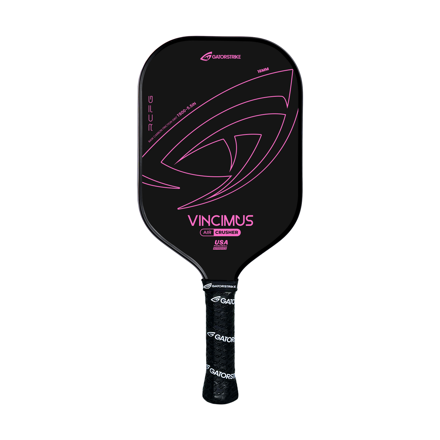 The Vincimus AIR CRUSHER T800 by GATORSTRIKE is a black pickleball paddle with pink accents, abstract pink lines, and “VINCIMUS, USA” in a small box. The handle has a black grip with white GATORSTRIKE logos.