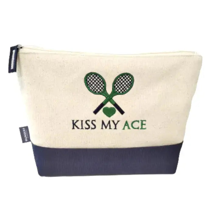 The Runway Athletics Cotton Clutch - Kiss My Ace features two green tennis rackets above "KISS MY ACE" text, with ACE in green, finished with a green heart—ideal as a tennis bag essential or gift for your team.