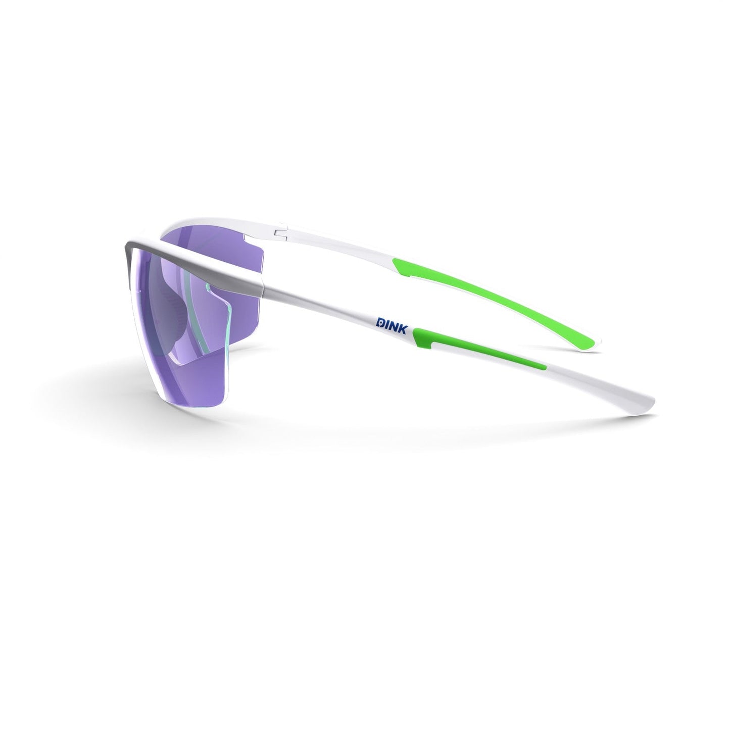 The Dink Eyewear Daytona Petite Large Sunglasses in white and green feature a lightweight, semi-rimless frame with purple-tinted lenses, green accents, and "DINK" on the side, showcased on a plain white background.