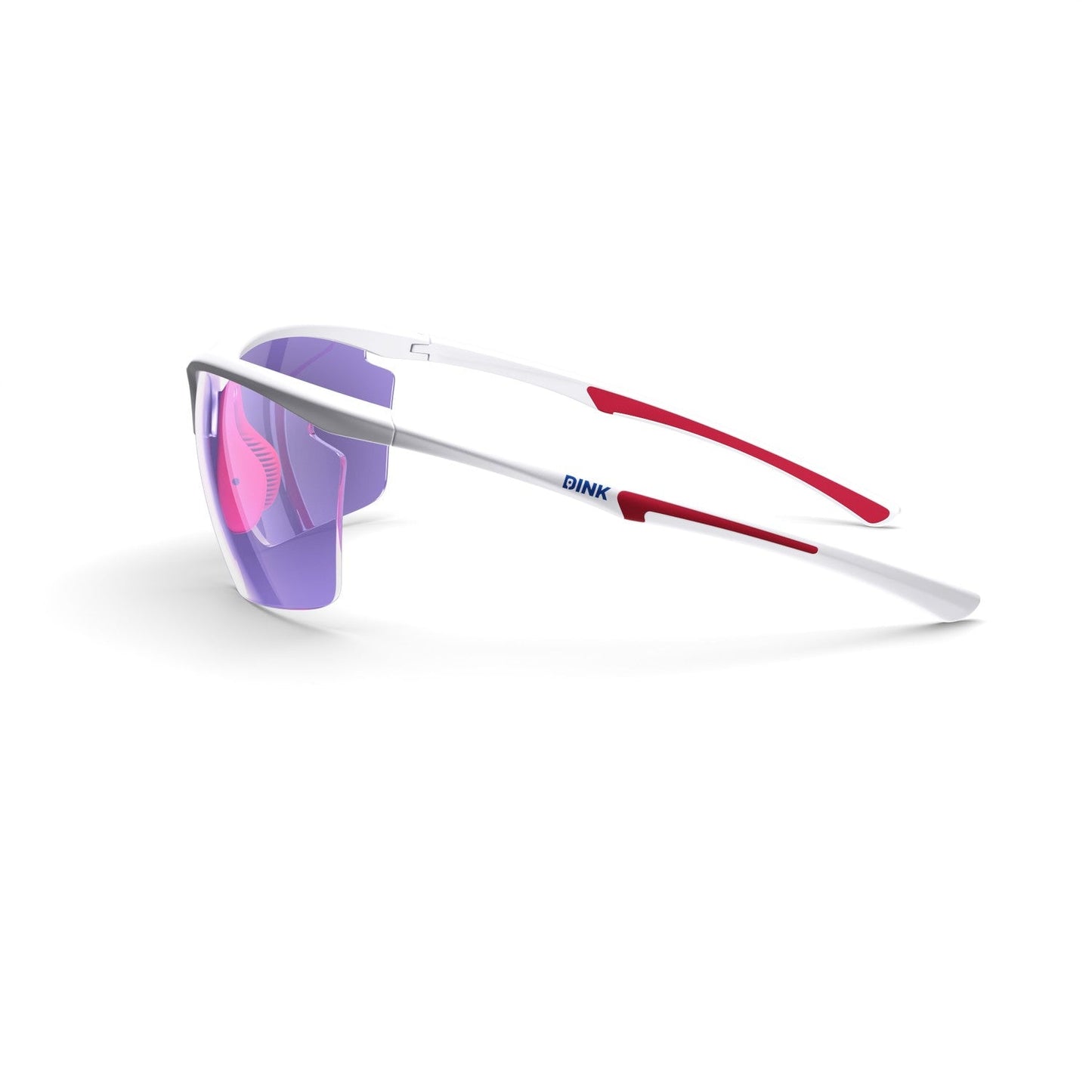 The Dink Eyewear Daytona Petite Large RX Sunglasses in white/red feature a lightweight frame, purple-tinted wraparound lenses, and sporty curved arms. "DINK" branding appears on the side, combining style and comfort for pickleball play.