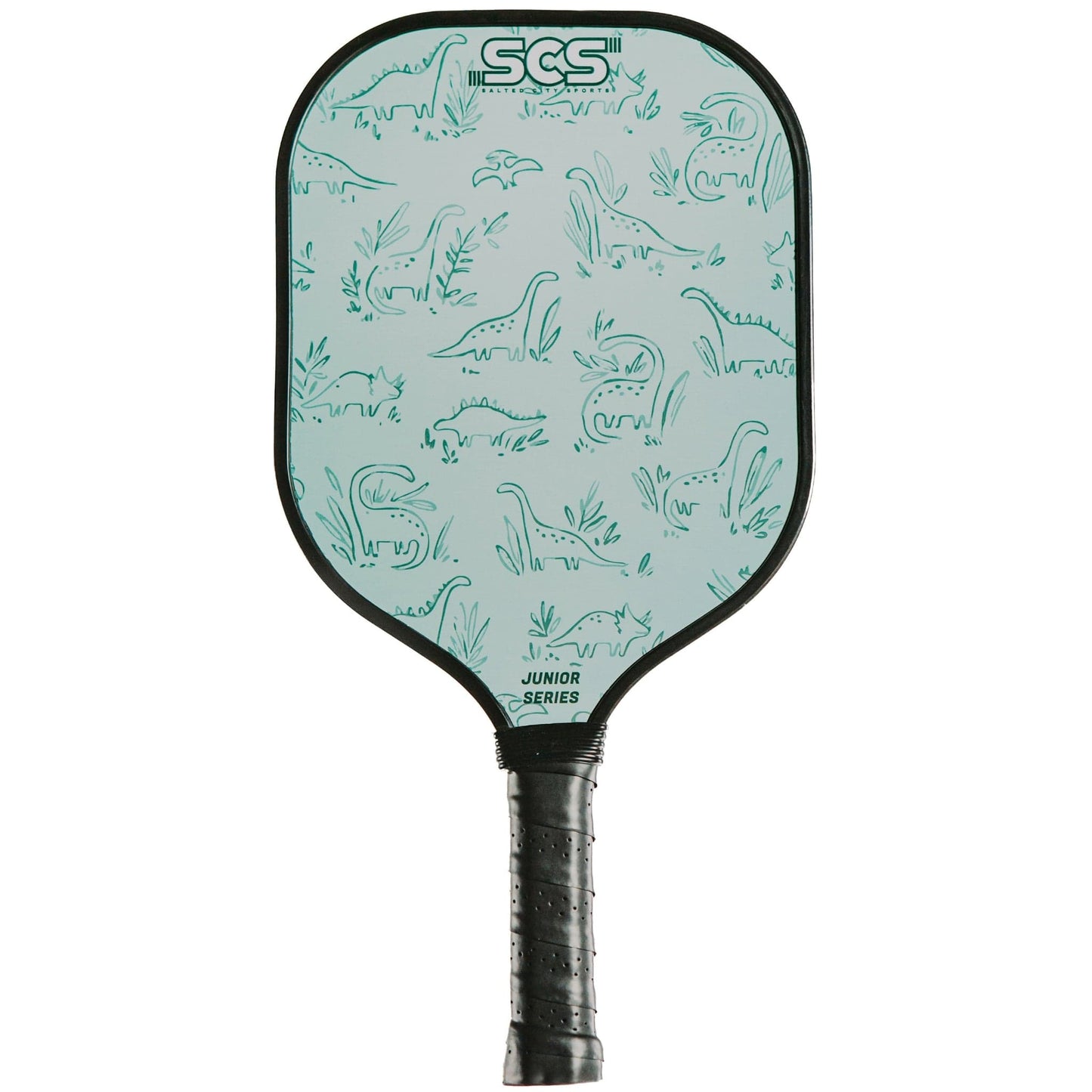 The Salted City Sports Dino Junior Series Kids Pickleball Paddle features a black handle, a light blue face with green dinosaur designs, and “SCS” plus “JUNIOR SERIES” printed near the top and bottom of the paddle.