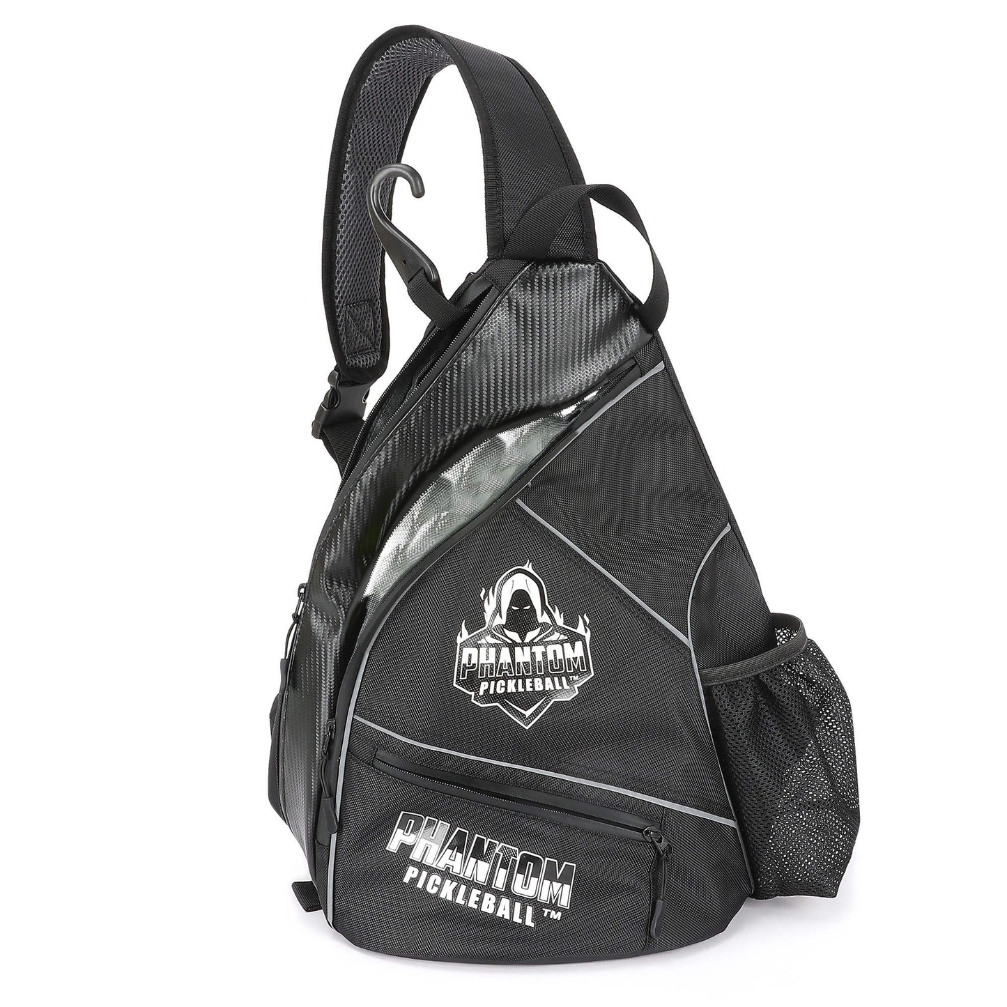 The Phantom Pickleball Sling Bag is a black, triangular bag featuring the Phantom Pickleball logo in white, a zippered main compartment, mesh side pocket for sports gear, sturdy top handle, and accent stitching for structure.