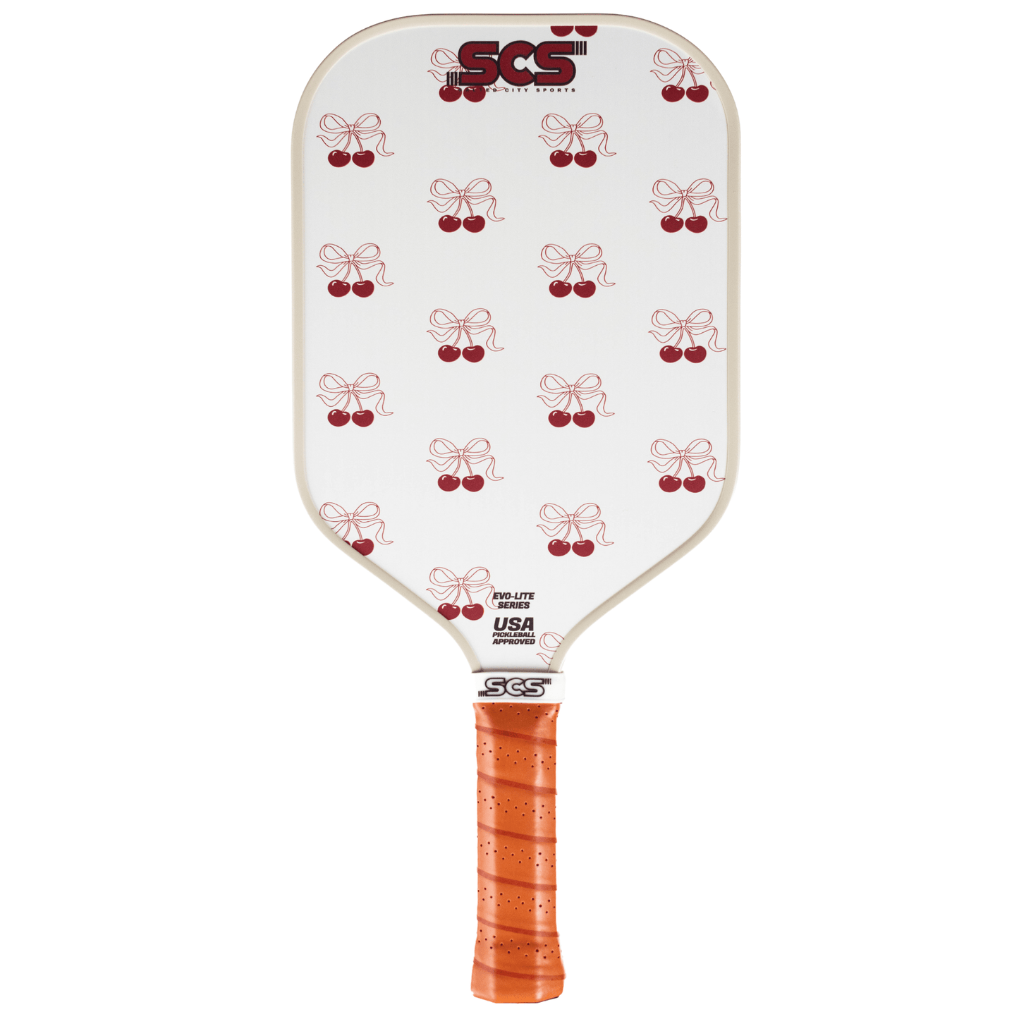 The Evo-Lite Series Complete Deck Collection by Salted City Sports features a premium lightweight white pickleball paddle with an orange grip, red cherry pattern, textured fiberglass surface, SGS logo, certification marks, and USA Pickleball approval.