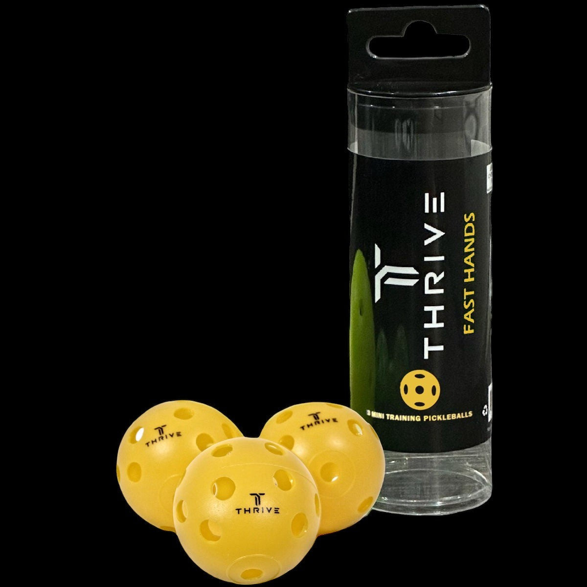 A clear canister labeled Fast Hands by Thrive Pickleball stands upright, holding three yellow pickleballs with holes—ideal as a training tool to improve paddle control—arranged together on a black background.