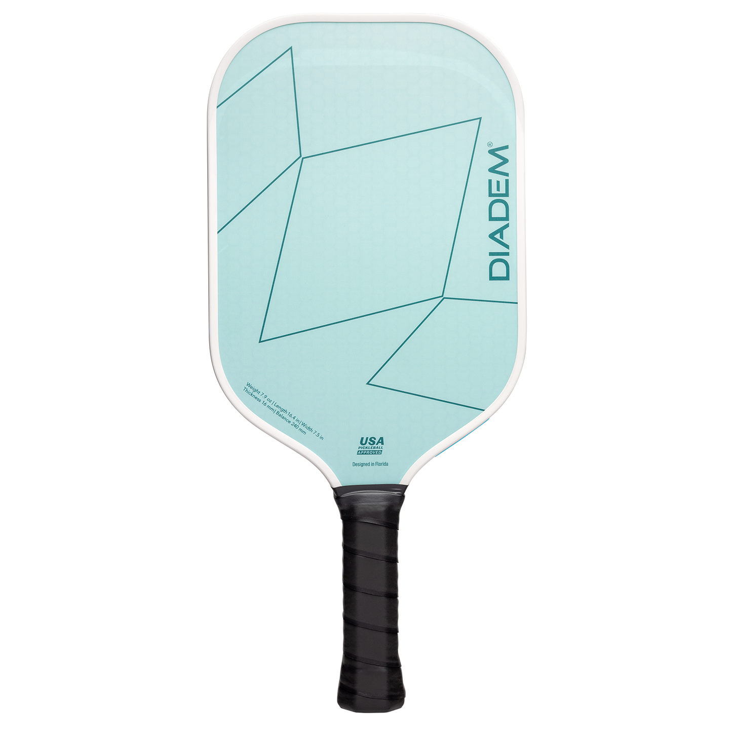 The Diadem Sports First Responder Series V2 - Rush paddle features light blue color, geometric lines, "DIADEM" printed vertically in teal on the right, a white edge, and a black textured grip for secure handling—ideal for quality pickleball fans.