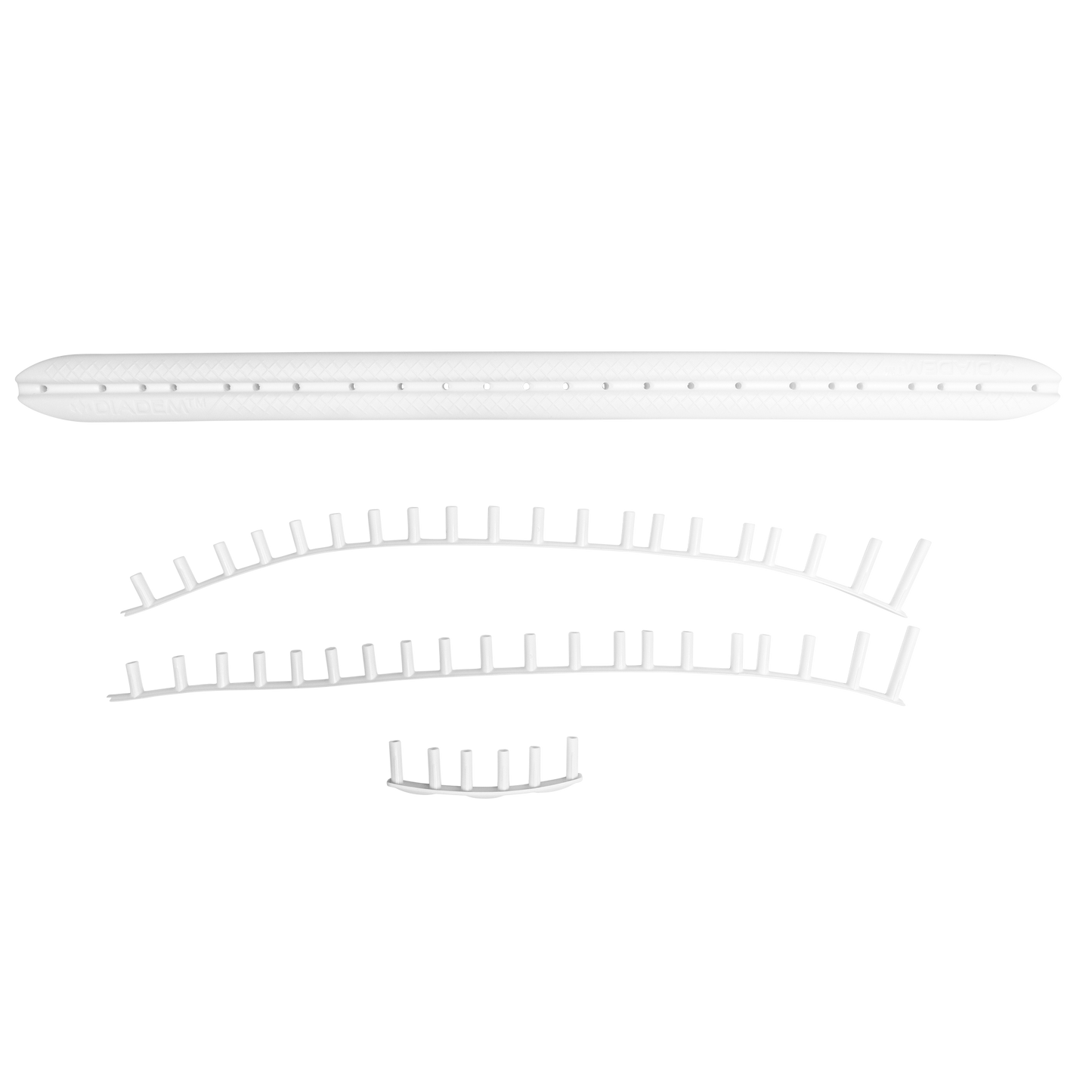 A white, elongated oval Replacement Grommet by Diadem Sports is shown above three curved, rib-like plastic frame pieces on a plain background. The pieces are parallel, arranged from largest to smallest curve top to bottom.