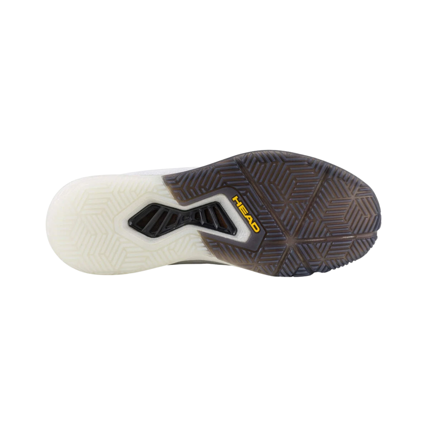 The image shows the sole of the Head Motion Pro Padel Women's Shoes WHLA by Padel USA, with a textured tread. The left is white, right dark gray, and "HEAD" in yellow letters appears mid-sole near a black rectangular section.
