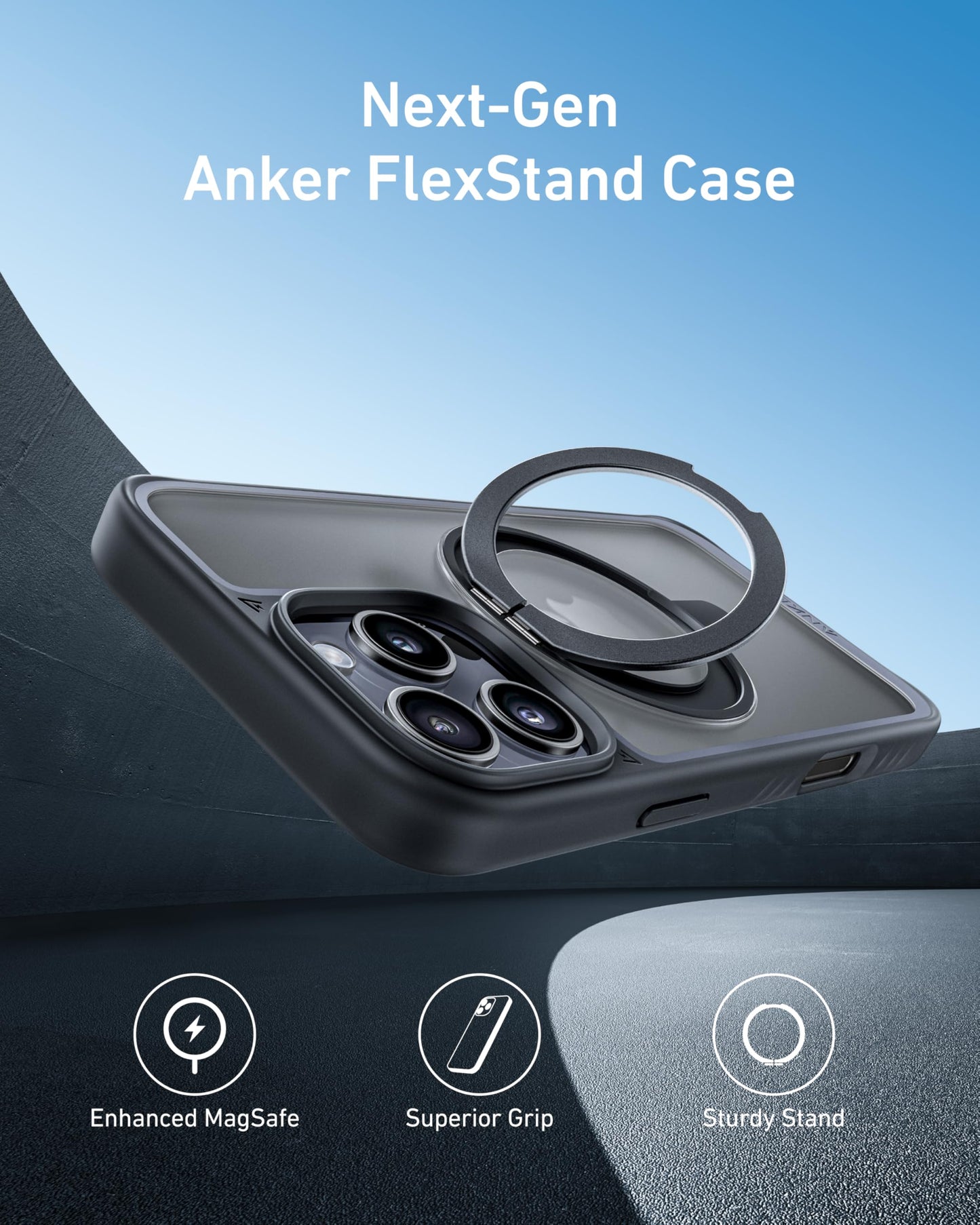 A floating smartphone in a black Anker MagGo Magnetic Case with Stand (360° Ring Stand) is shown against a sleek, modern background. The text reads “Next-Gen Anker FlexStand Case”; icons highlight MagSafe, secure grip, and sturdy ring stand.