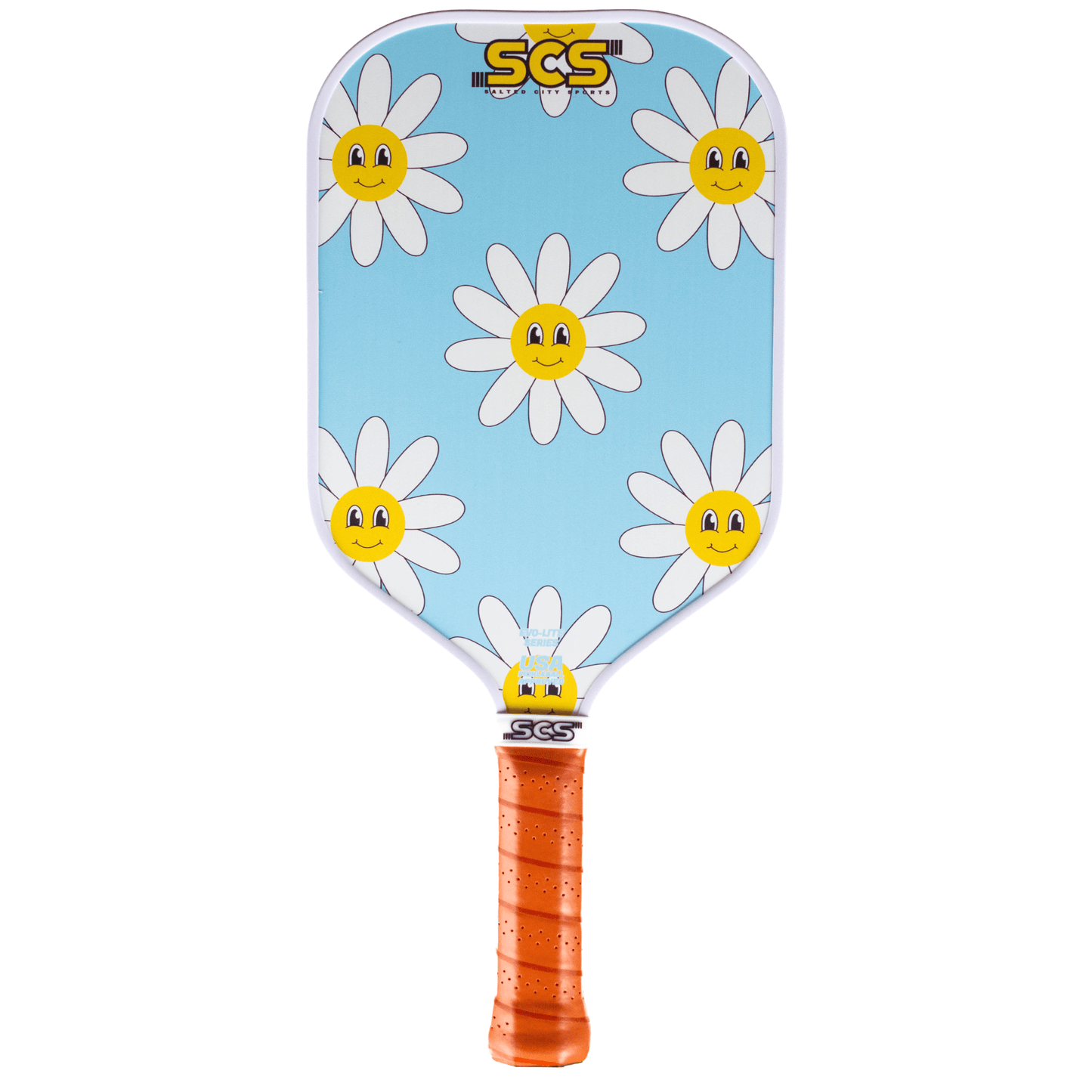 The Joyful Petal paddle from Salted City Sports’ Evo-Lite Series is USA Pickleball-approved, with a light blue face decorated with white daisies, an orange grip, and the SGS logo at both ends.