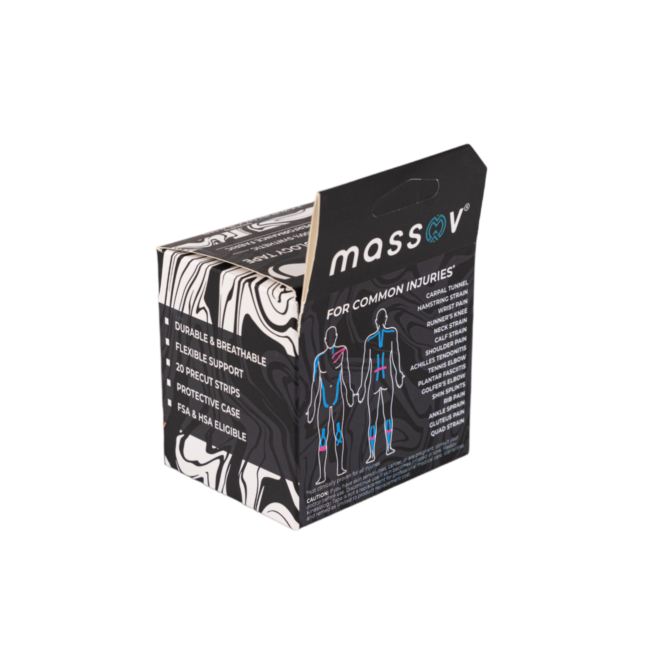 A box of Massov Kinesiology Tape is shown, featuring black packaging with white text, a human body diagram highlighting injury areas, and details on product features and performance support uses.