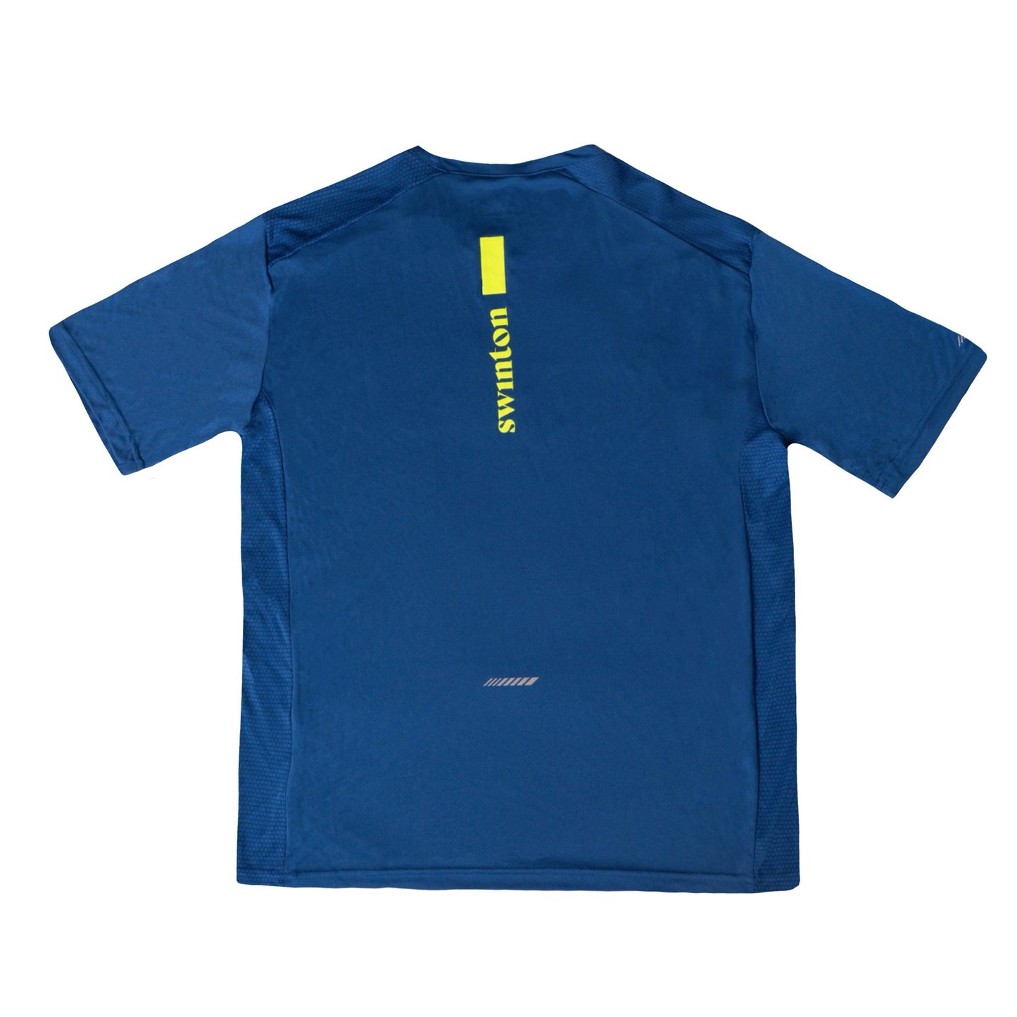 The Men's Kitchen's Closed Performance Shirt by Swinton Pickleball is a royal blue athletic shirt with yellow text, made from moisture-wicking fabric for pickleball players.