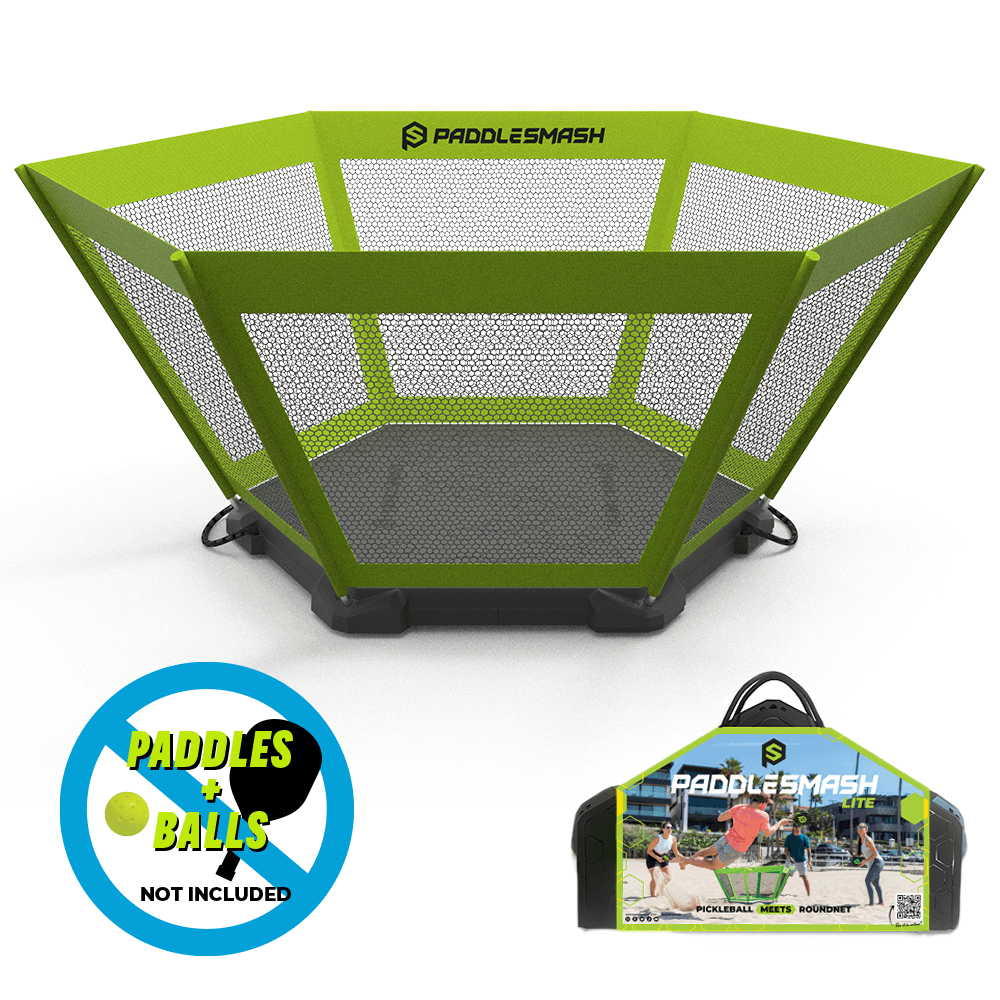 A lime green PaddleSmash hexagonal net on a black base brings Pickleball fun to your backyard. Lower right: carrying case with game photo; lower left: "Paddles + Balls Not Included." Brand and product name: PaddleSmash.