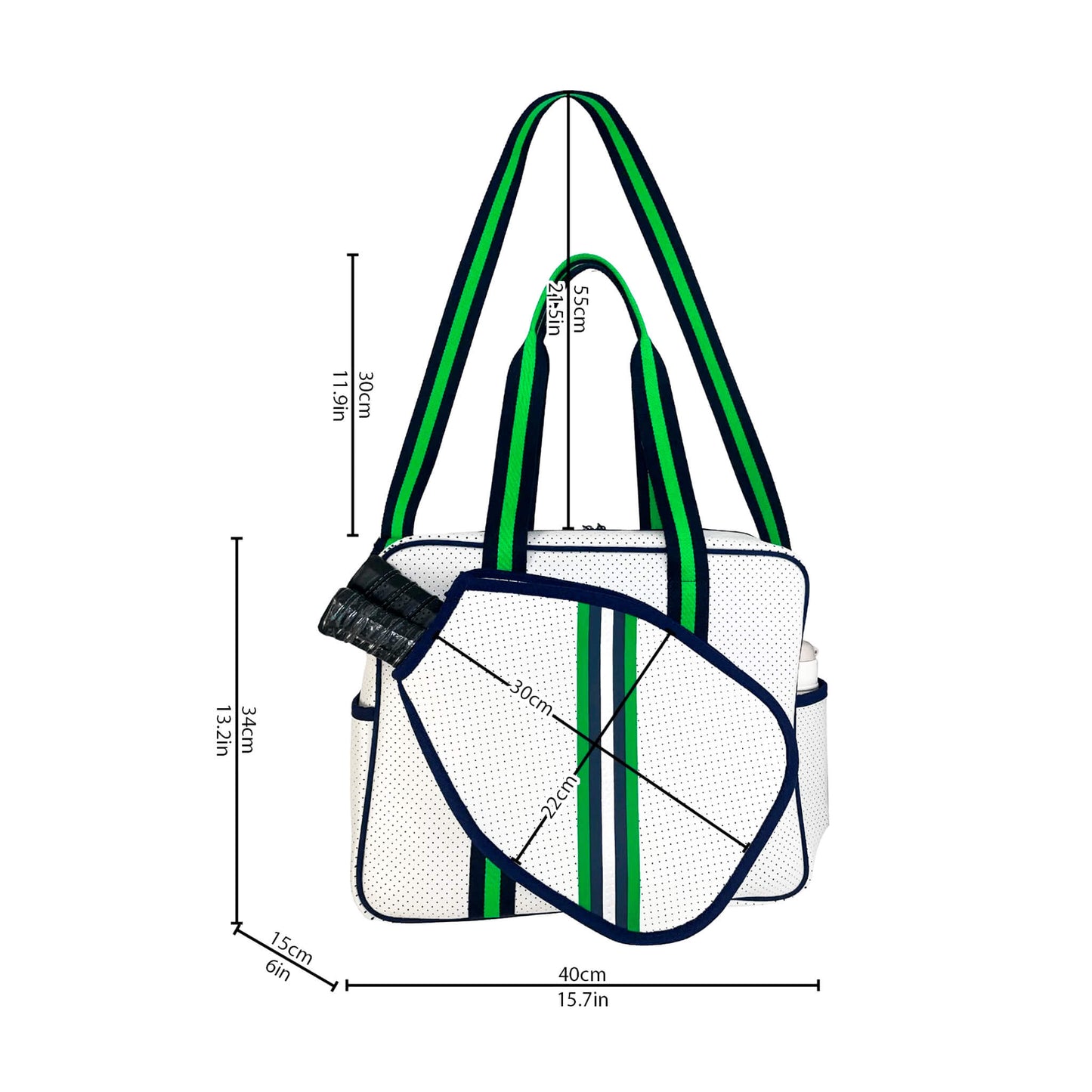 The PickleballMonger Pickleball Bags White & Green features dark blue accents, two striped shoulder straps, and measures 40 cm wide, 34 cm tall, and 13 cm deep. A tennis racket is displayed diagonally over the neoprene bag.