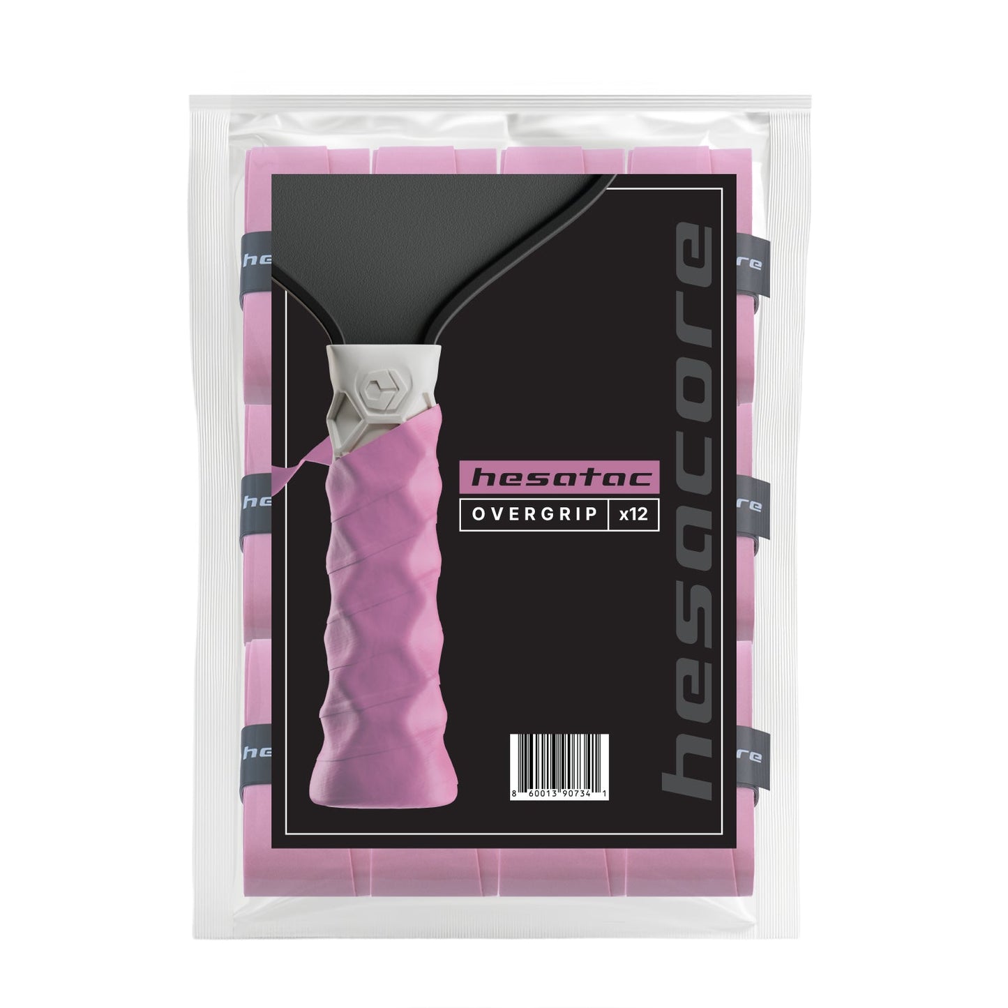 A clear package from Hesacore Grip with twelve pink Hesacore Hesatac Overgrip – Pink, perfect as a moisture-wicking overgrip or pickleball grip. Label features "Hesatac OVERGRIP x12" and a wrapped handle. Available in 6 & 12 packs.