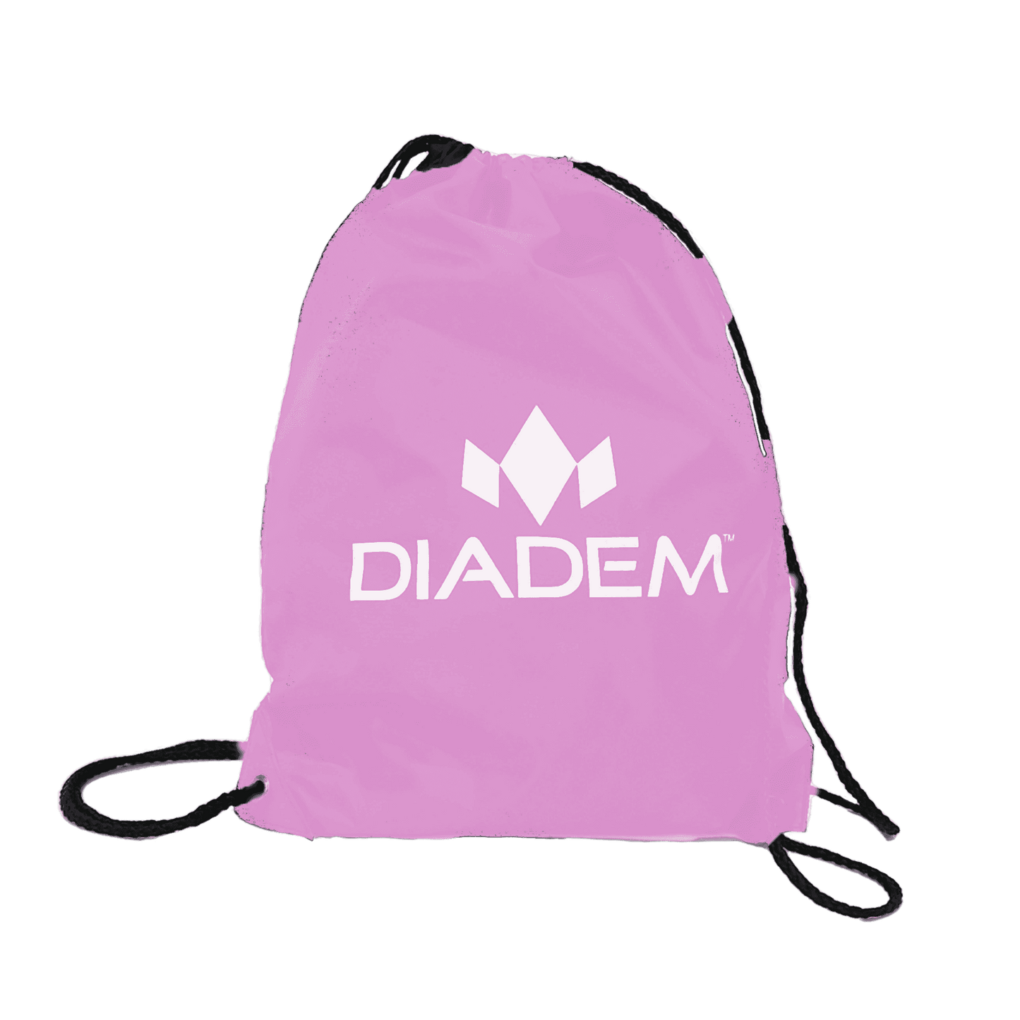 The Diadem Sports Draw String Bag features a light pink color, black straps, and a drawstring design. "DIADEM" and a white geometric crown logo appear on the front center. Perfect for tennis or racket bag enthusiasts. Plain white background.
