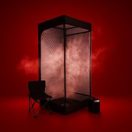 A RevivPro Portable Steam Sauna Box with Steamer is featured in the center, glowing against a red backdrop with visible mist. A black folding chair sits to the left and a small black steamer unit is on the right.