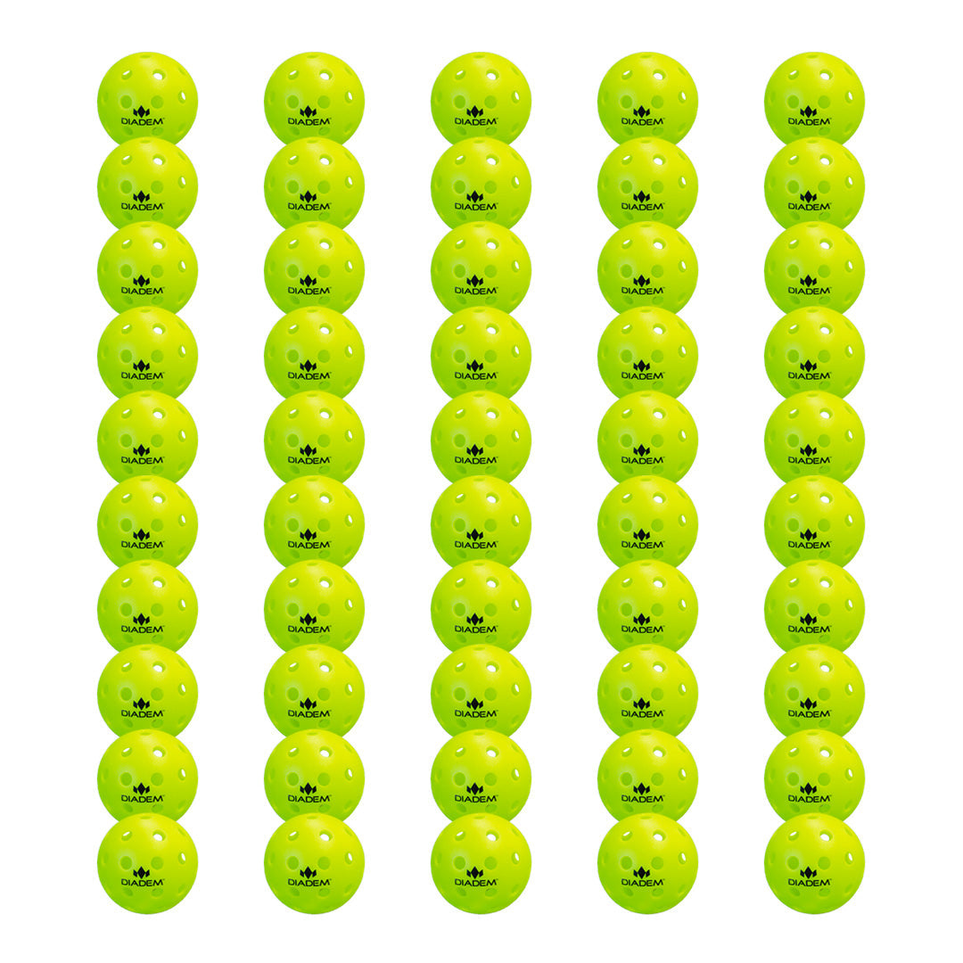 Eight columns of five neon yellow Diadem Sports Premier 40 Outdoor Pickleballs with multiple holes are arranged in a grid on a white background. The durable pickleballs are evenly spaced, forming neat vertical lines.