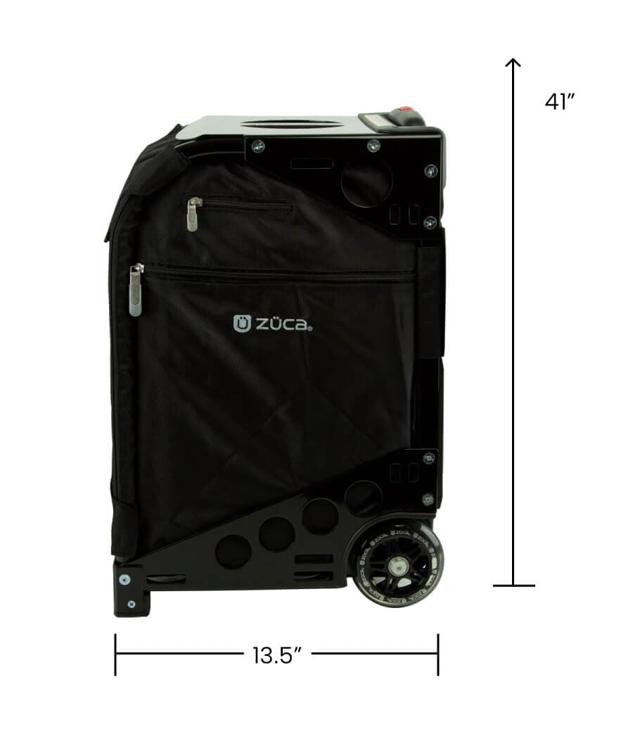 The ZUCA Pickleball Pro Black/Black rolling bag stands upright with a side pocket and handle, measures 41" tall by 13.5" wide, and features a zippered pocket, metal frame, and sturdy wheels—ideal for organizing your pickleball gear.