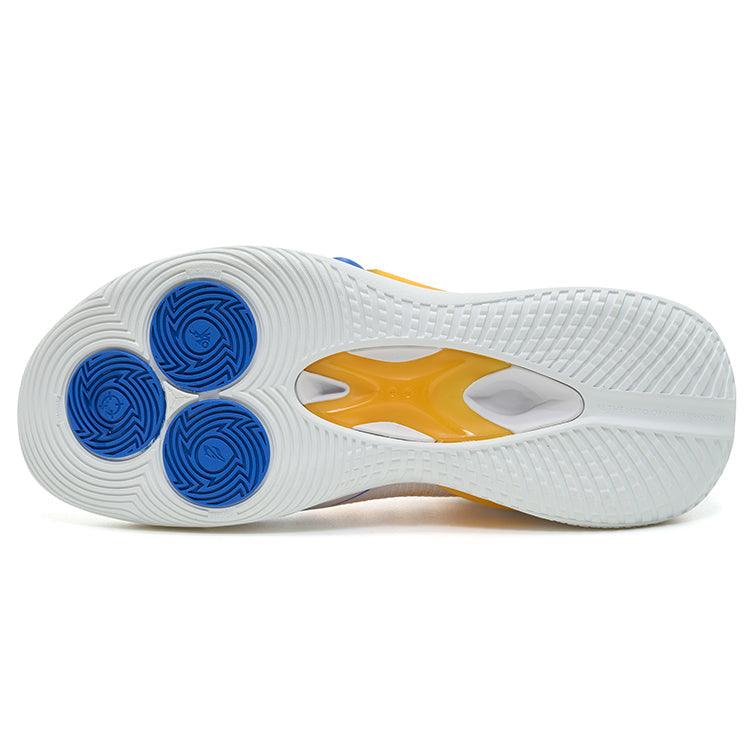 The image shows the sole of the Rigorer BP1 '1962' by BPBazaar, Brandin Podziemski's signature shoe. The mainly white sole has three blue traction pads and a yellow midfoot shank visible through an arch cutout for support.