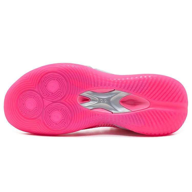 The image displays the sole of the Rigorer BP1 'Kaleidoscope' by BPBazaar, featuring a bright pink color, three circular tread patterns near the toe, a metallic gray hourglass-shaped midsole support, and ridged tread for excellent grip.