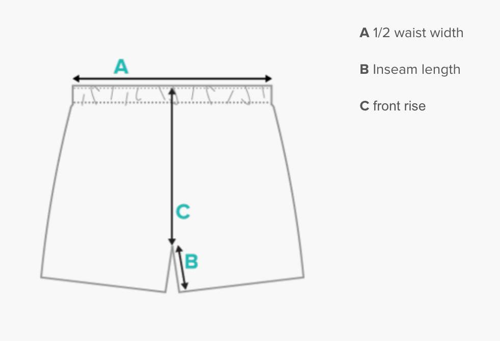 A technical drawing of the CROWN PICKLEBALL - Logo Pattern Short (Wedgewood) by Crown Pickleball, viewed from the front, shows measurement lines: A (waistband width), B (inseam), and C (rise). Text at right defines each label.