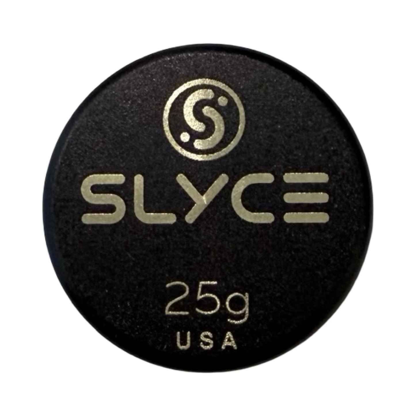 A black, round SLYCE SpeedCoins Black Edition by Slyce Sport features gold branding and a stylized logo. Marked 25g and USA, this precision-machined brass pickleball paddle handle weight stands against a white background.