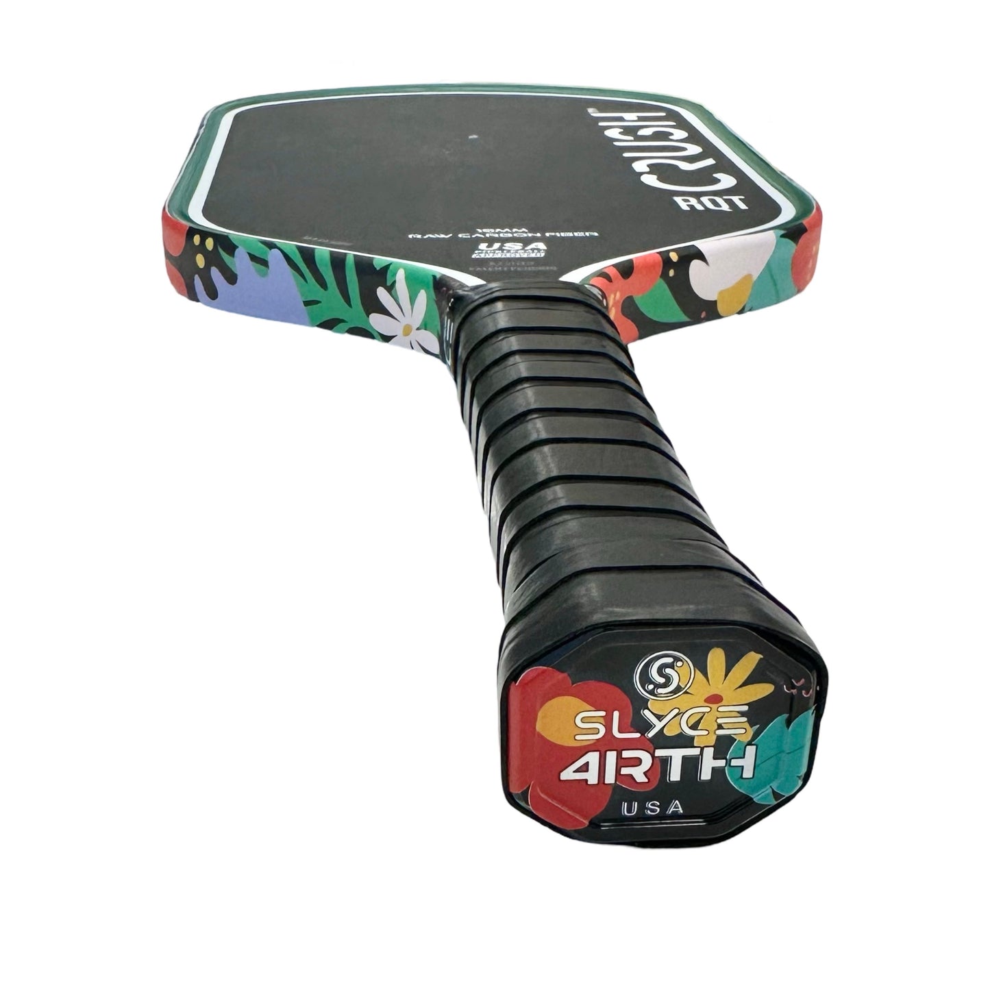 The Special Edition 4rth Floral SpeedCap (28g, 1.0 oz.) Paddle Performance Enhancer by Slyce Sport is black with a vibrant floral-patterned edge and grip cap featuring SLYCE ARTH USA, a logo, and colorful flower illustrations.