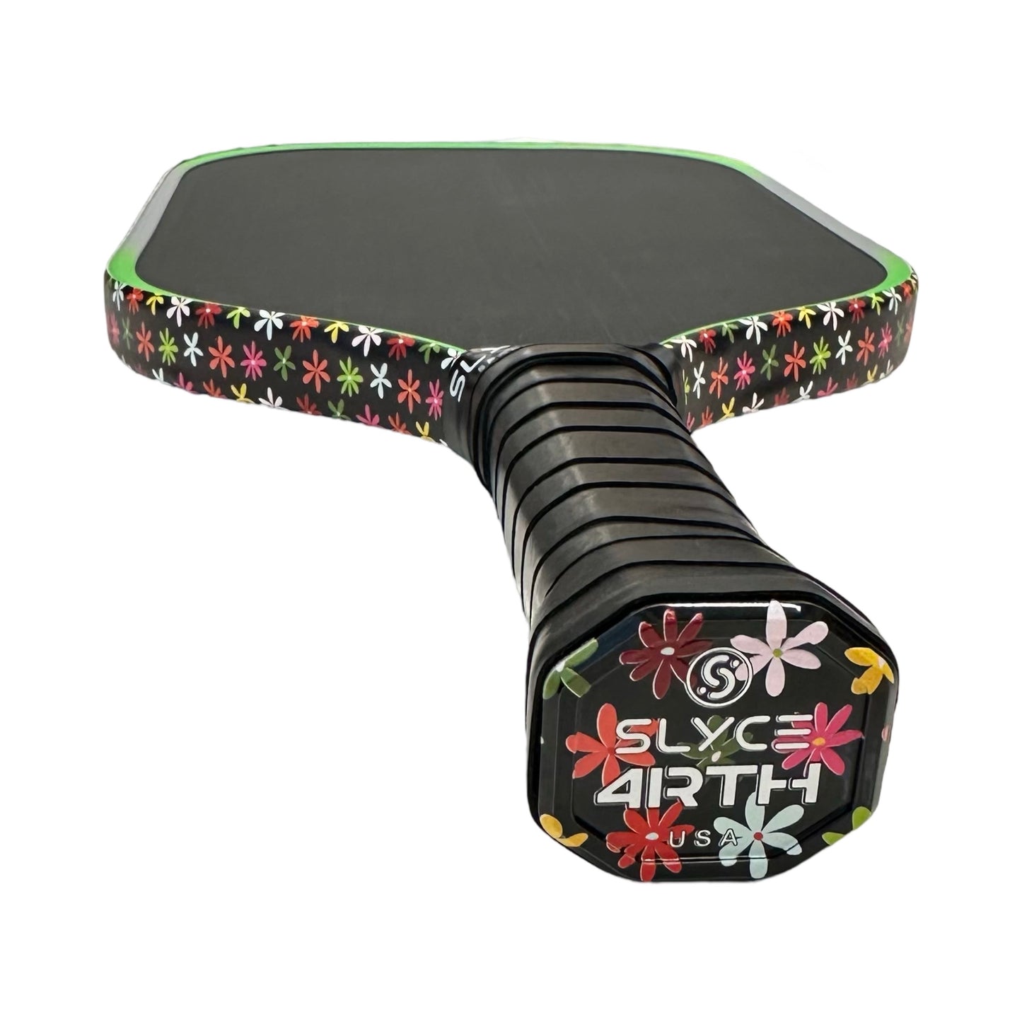The Slyce Sport Special Edition 4rth Flowers SpeedCap (28g, 1.0 oz.) Paddle Performance Enhancer features a black grip with green-bordered face, colorful flower designs on the handle and edge, and “SLYCE 4RTH USA” on the end cap.