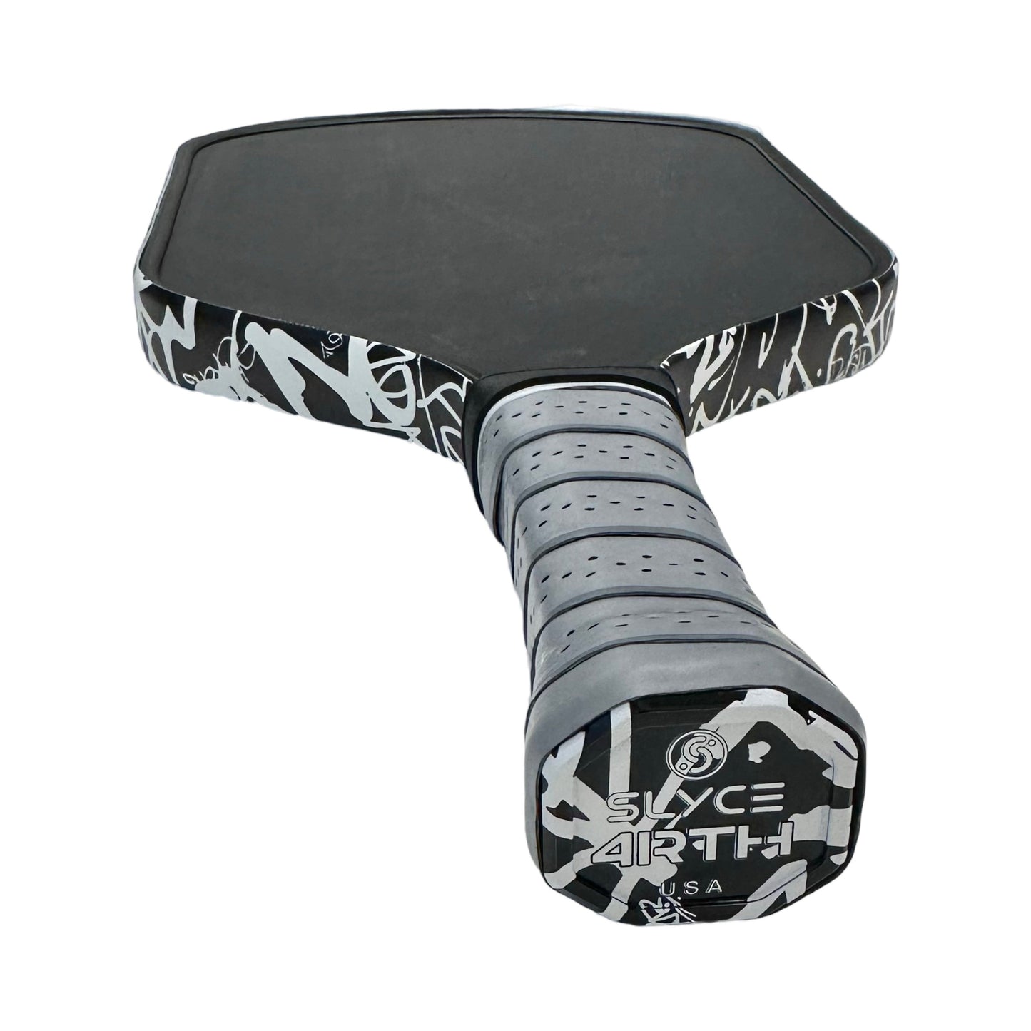 The Slyce Sport Special Edition 4rth Graffiti White SpeedCap (28g, 1.0 oz.) Paddle Performance Enhancer features a black hexagonal shape, wrapped perforated grip tape, white graffiti edge designs, and a bold SLYCE ARTH USA logo on the end cap.