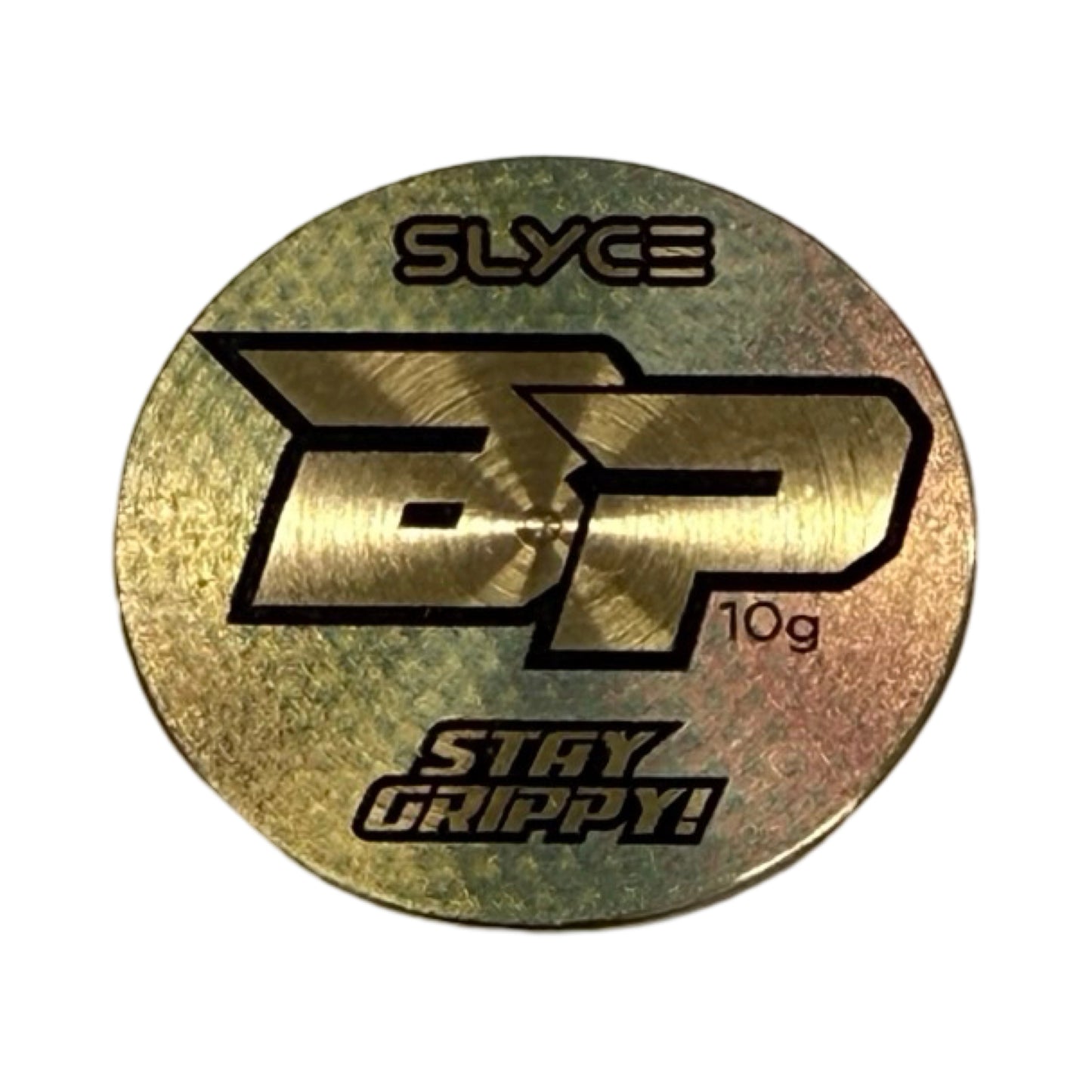 A round, metallic Special Edition Bodhi Opal SpeedCoin by Slyce Sport features a gold-silver gradient, solid brass build, SLYCE at the top, bold SP 10g logo centered, and STAY GRIPPY! in black all-caps at the bottom on a white background.