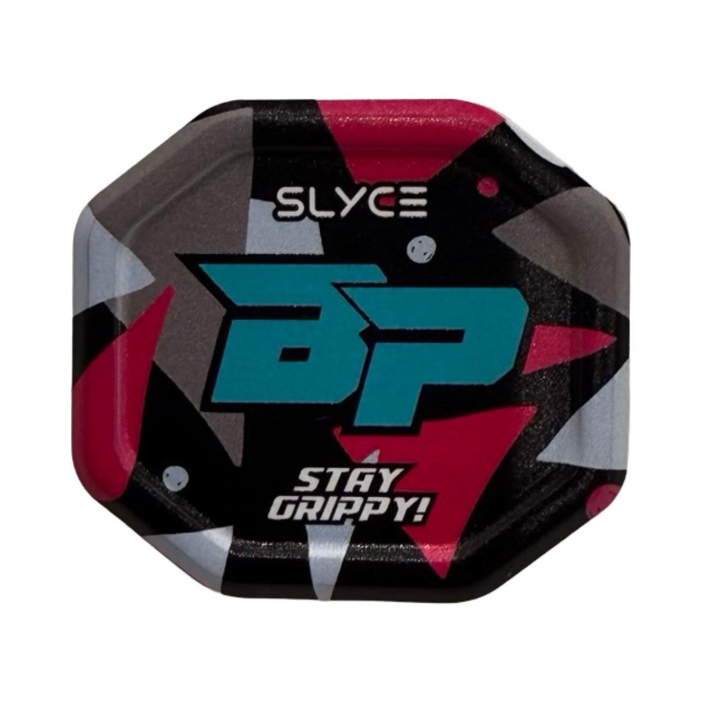 The Slyce Sport Special Edition Bodhi Pickleball 90’s SpeedCap Paddle Performance Enhancer (28g/1.0 oz.) features a small octagonal tray with abstract patterns and bold teal “BP”—perfect for grip cap storage, finished glossy.