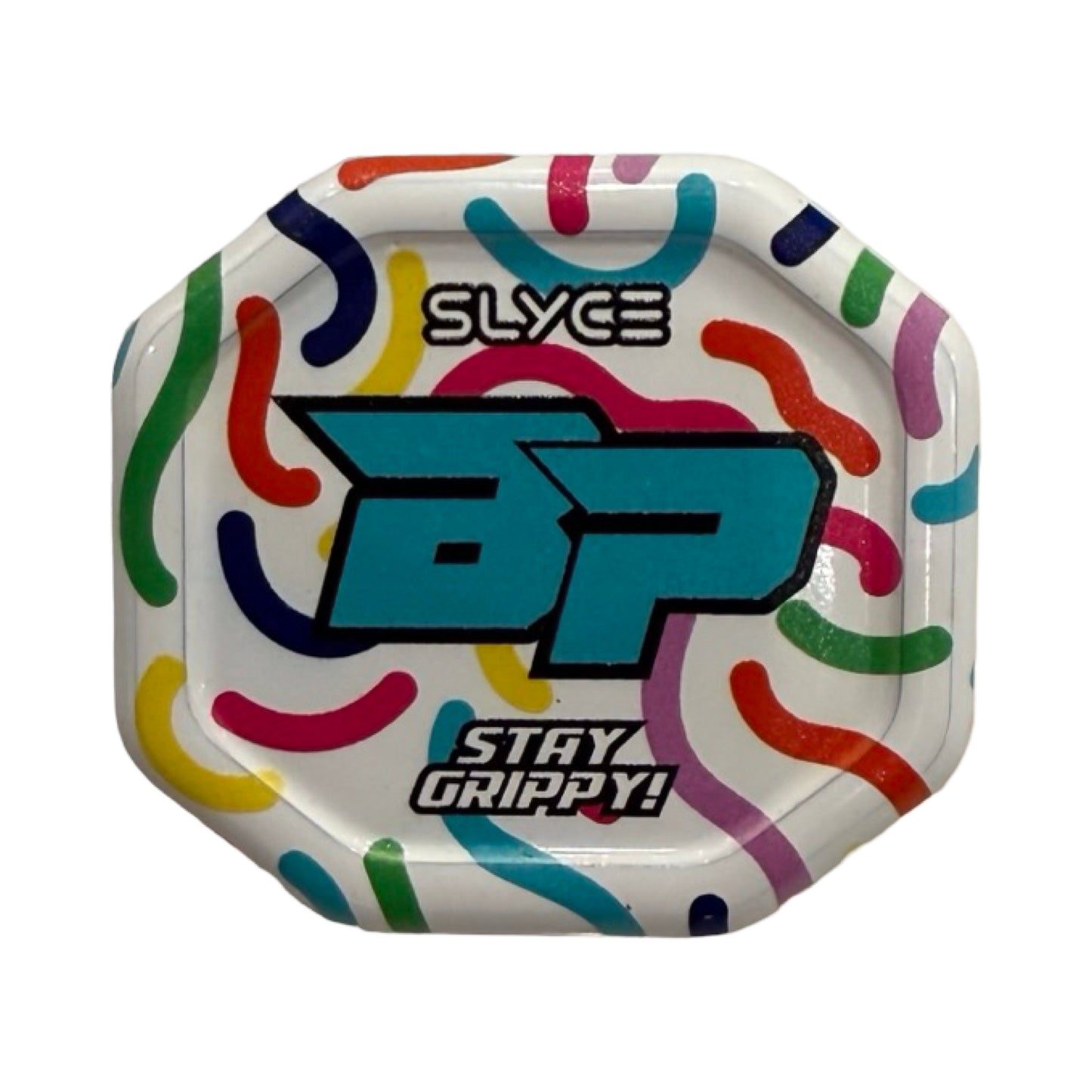 The Special Edition Bodhi Pickleball Birthday Cake SpeedCap (28g, 1.0 oz.) Paddle Performance Enhancer by Slyce Sport is a white, round accessory with colorful designs and a premium aircraft aluminum cap for durability.