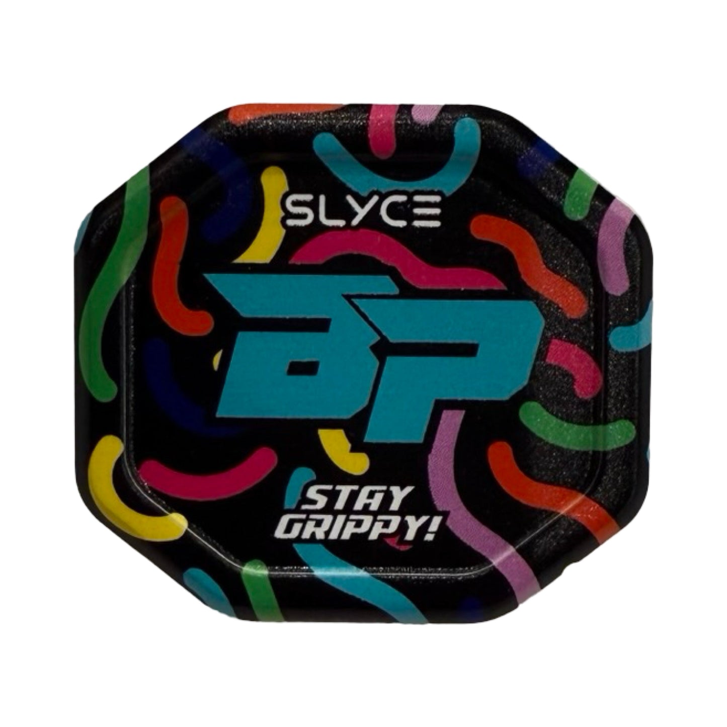 A black octagon with colorful text, featuring the Slyce Sport Special Edition Bodhi Pickleball Chocolate Birthday Cake SpeedCap (28g, 1.0 oz.) Paddle Performance Enhancer.