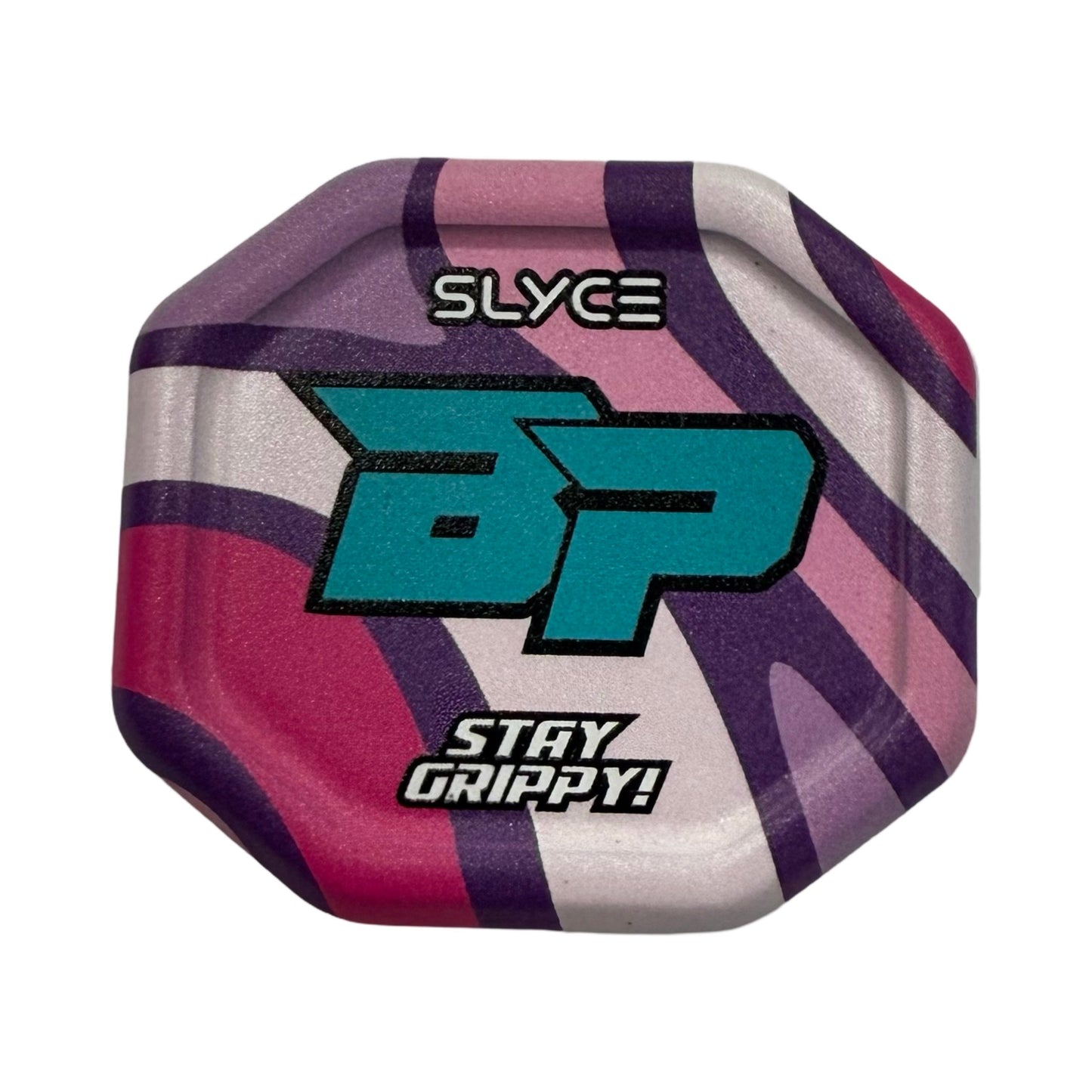 The Special Edition Bodhi Pickleball Cotton Candy SpeedCap (28g, 1.0 oz.) by Slyce Sport is an octagonal paddle enhancer with a wavy purple, pink, and white pattern—“SLYCE” at the top, bold teal “BP” center, and “STAY GRIPPY!” at the bottom.