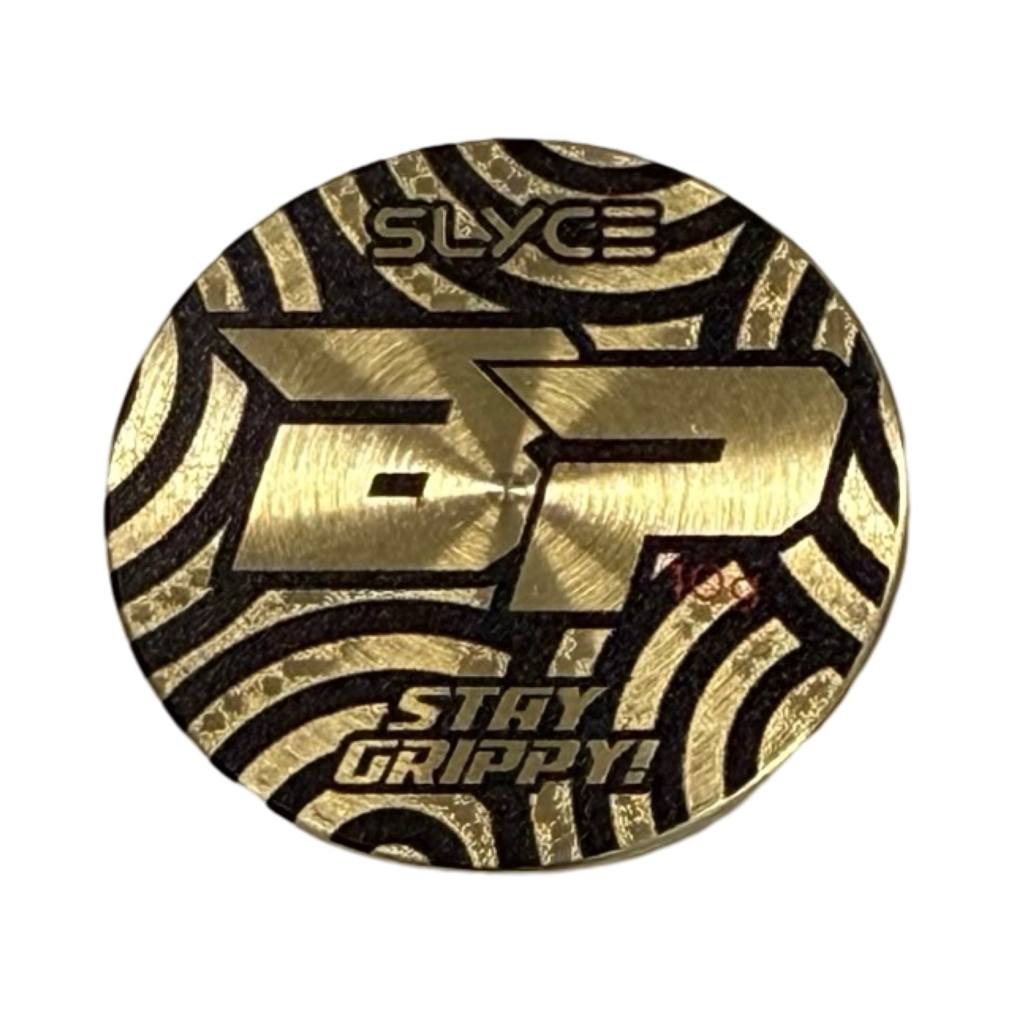 A round metallic badge from Slyce Sport features bold "GP" in the center, "SLYCE" above, and "STAY GRIPPY!" below on an engraved background. Its gold and black pattern matches the Special Edition Bodhi Twilight SpeedCoins - Paddle Handle Weights.