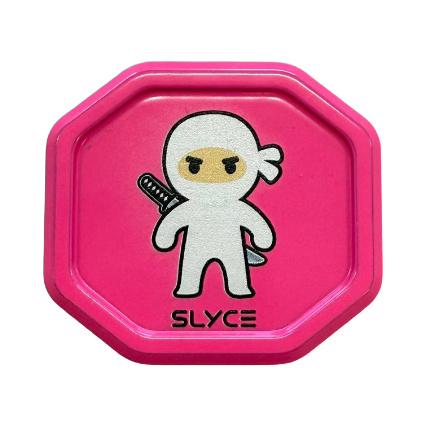 The Special Edition Dink Ninjas SpeedCap (28g, 1.0 oz.) by Slyce Sport features a pink octagonal lid with a cartoon ninja in white holding a sword and “SLYCE” below—an eye-catching paddle performance enhancer for pickleball grips.