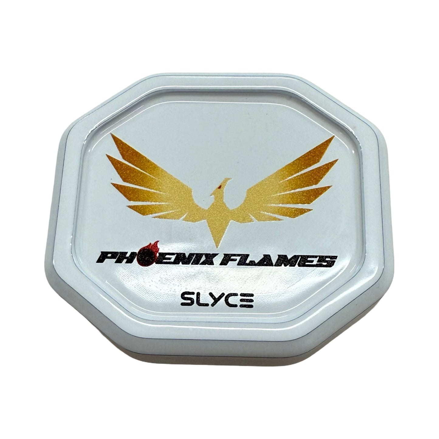 The Slyce Sport Special Edition Phoenix Flames SpeedCap (28g, 1.0 oz.) in white is a premium pickleball paddle performance enhancer featuring a gold bird and crafted from 6061 Aircraft Aluminum.