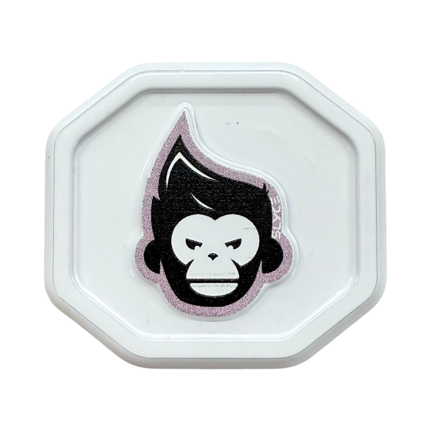 The Slyce Sport Special Edition Pickleball Apes SpeedCap (28g, 1.0 oz.) Paddle Performance Enhancer is a white octagonal tray of 6061 aluminum featuring a stylized gorilla face with glittery pink outline and raised edges.