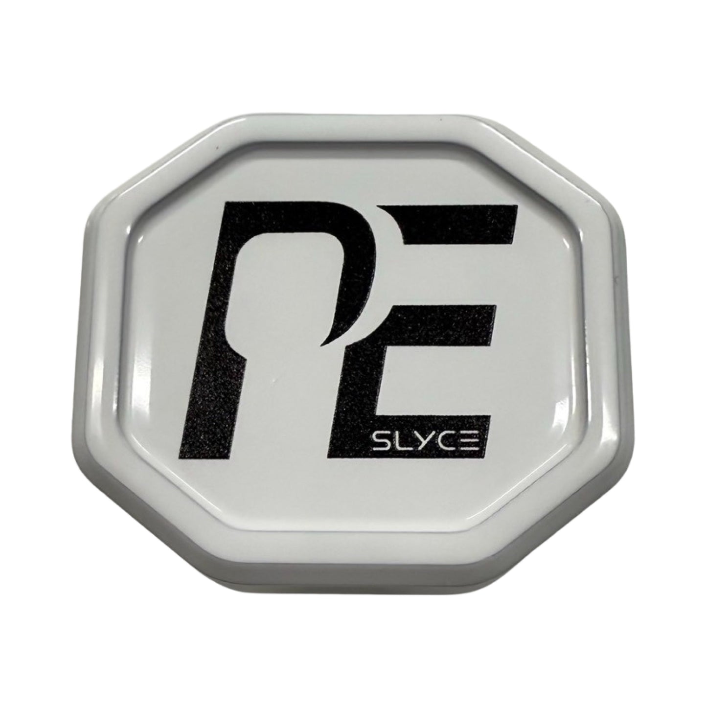 The Special Edition Pickleball Effect SpeedCap (28g, 1.0 oz.) from Slyce Sport features a white, octagonal plastic case with bold black “PE” and “SLYCE” centered on the lid—a glossy grip cap enhancing your paddle’s performance.