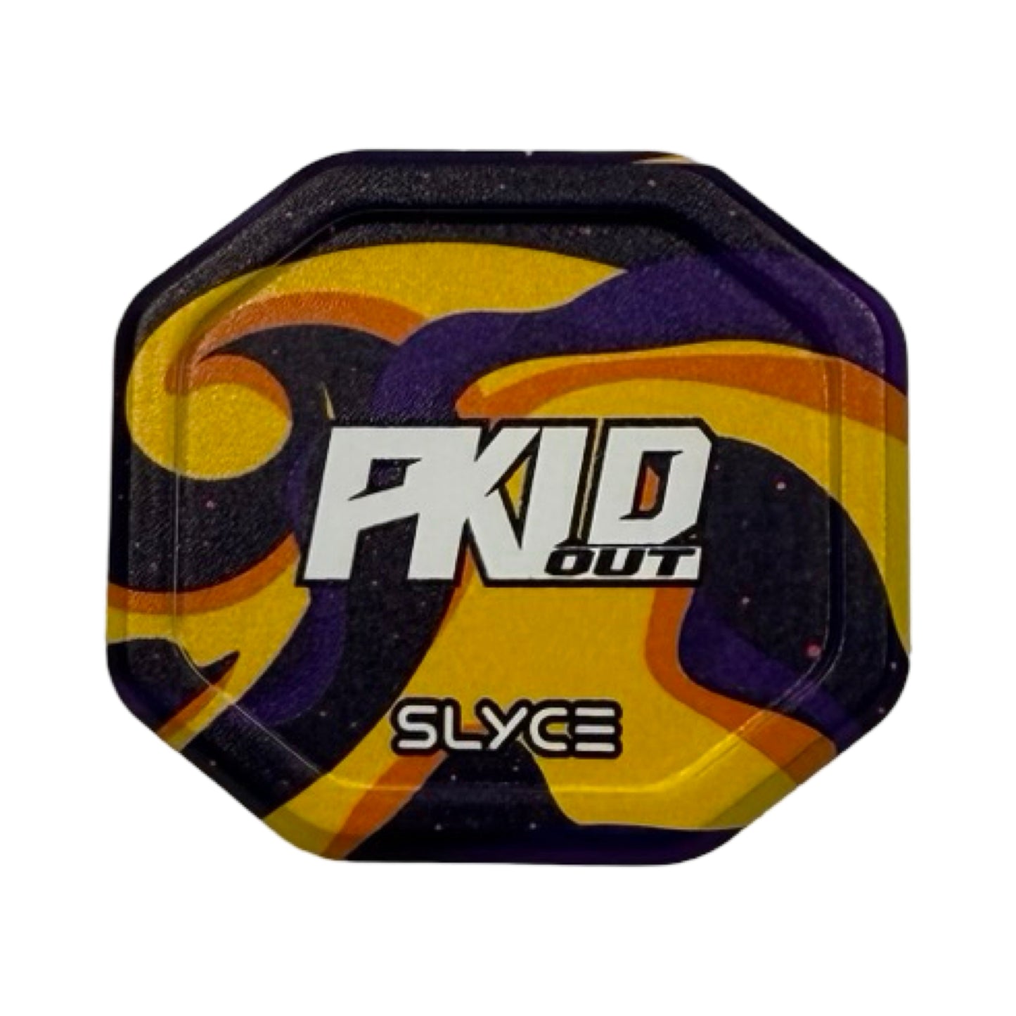 The Special Edition PKLDOUT Magic SpeedCap (28g, 1.0 oz.) by Slyce Sport is a small octagonal paddle grip cap with a swirling black, yellow, and purple design, "PKID OUT" in bold white with yellow shadow, and "SLYCE" below on a white background.