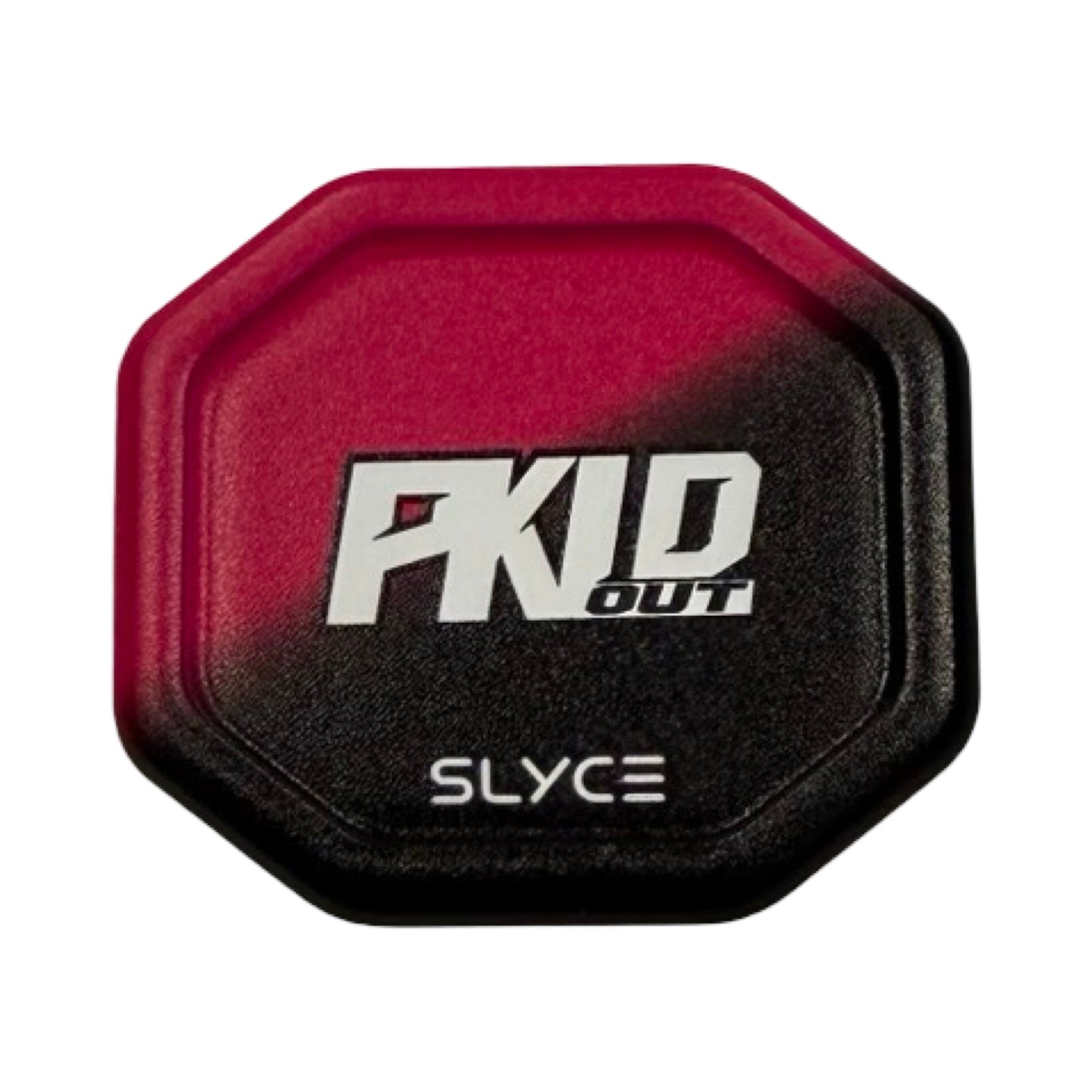 The Slyce Sport Special Edition PKLDOUT Pink Fade SpeedCap (28g, 1.0 oz.) is a small octagonal paddle enhancer with a matte pink-to-black fade and bold white PKLDOUT text above smaller SLYCE lettering at the center.