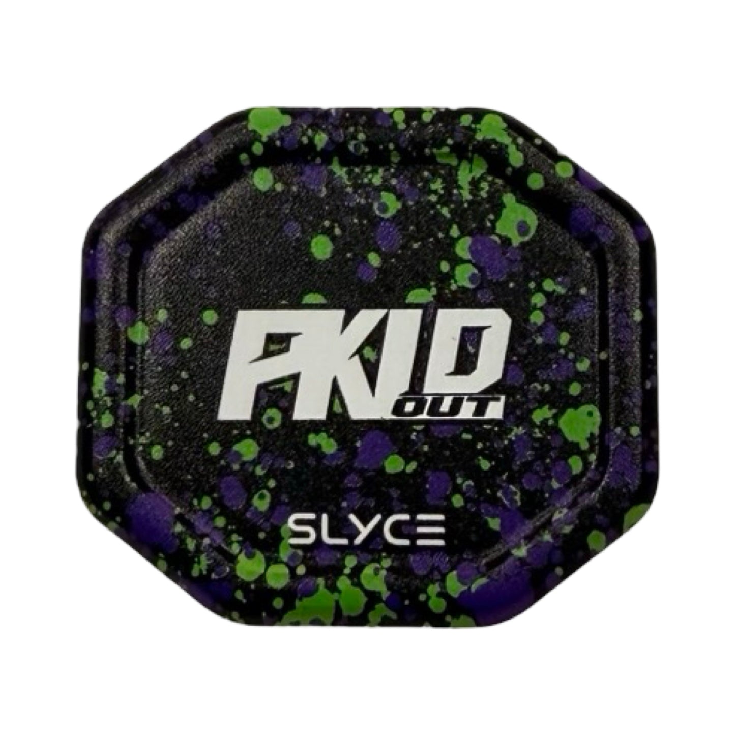 The Special Edition PKLDOUT Zombie Splatter SpeedCap (28g, 1.0 oz.) by Slyce Sport is a black octagonal 6061 Aircraft Aluminum pickleball paddle grip enhancer, featuring green and purple splatters and bold “PKID OUT”/“SLYCE” text on a white background.
